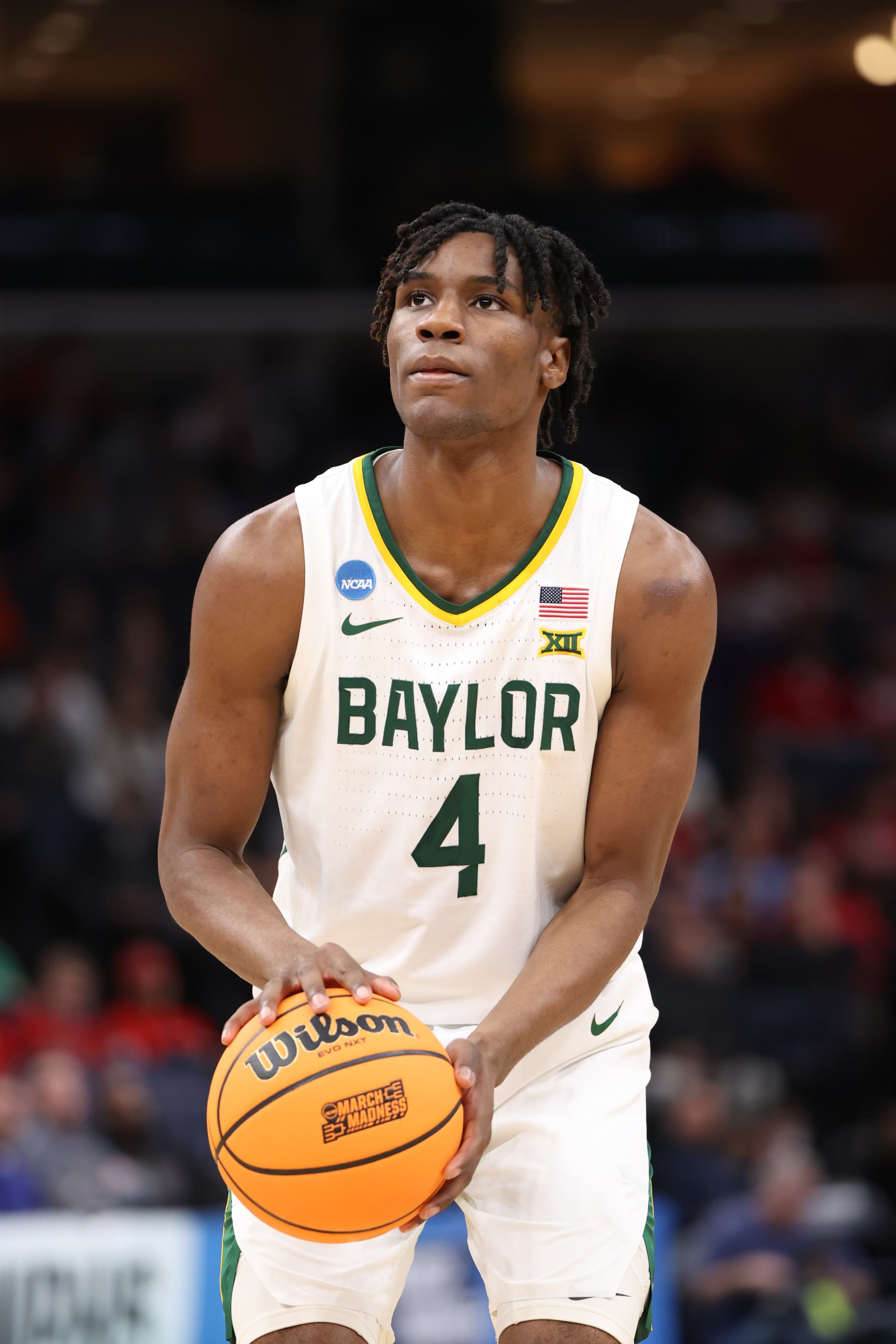 MEMPHIS, TENNESSEE - MARCH 22: Ja'Kobe Walter #4 of the Baylor Bears shoots a free throw during the first round of the 2024 NCAA Men's Basketball Tournament held at FedExForum on March 22, 2024 in Memphis, Tennessee. (Photo by Joe Murphy/NCAA Photos via Getty Images)