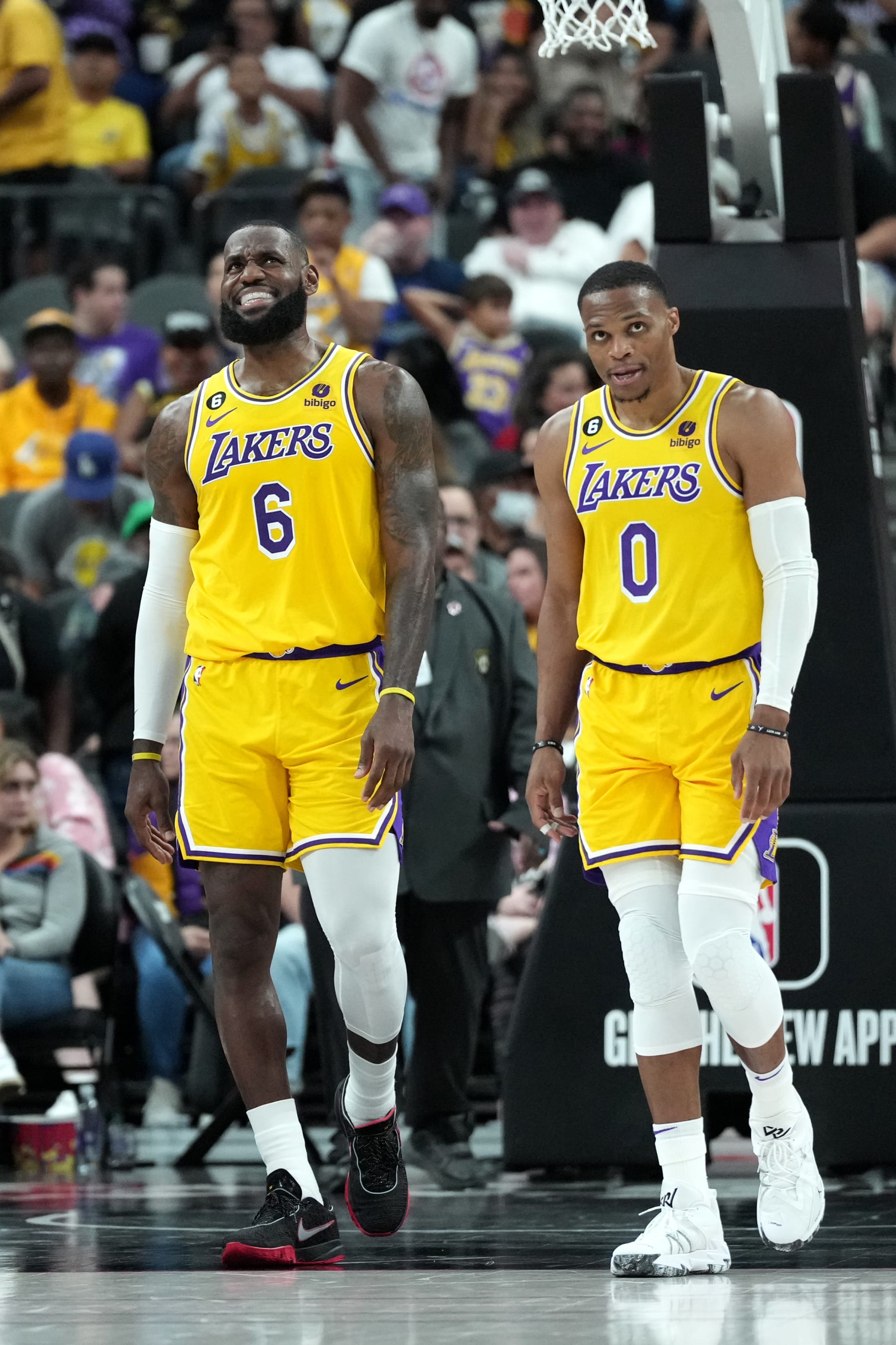 LAS VEGAS, NV - OCTOBER 5: LeBron James #6 and Russell Westbrook #0 of the Los Angeles Lakers look on during a preseason game against the Phoenix Suns on October 5 2022 at T-Mobile Arena in Las Vegas, Nevada. NOTE TO USER: User expressly acknowledges and agrees that, by downloading and or using this photograph, User is consenting to the terms and conditions of the Getty Images License Agreement. Mandatory Copyright Notice: Copyright 2022 NBAE (Photo by Jeff Bottari/NBAE via Getty Images)