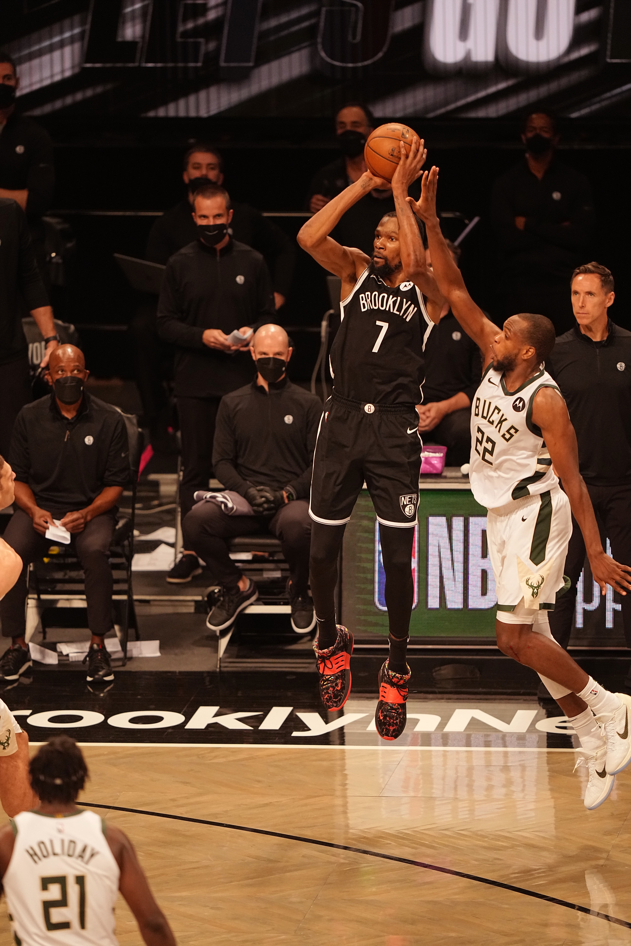 Basketball: NBA Playoffs: Brooklyn Nets Kevin Durant (7) in action, shooting vs Milwaukee Bucks at Barclays Center.  Game 7. Brooklyn, NY 6/19/2021 CREDIT: Erick W. Rasco (Photo by Erick W. Rasco/Sports Illustrated via Getty Images) (Set Number: X163667 TK1)