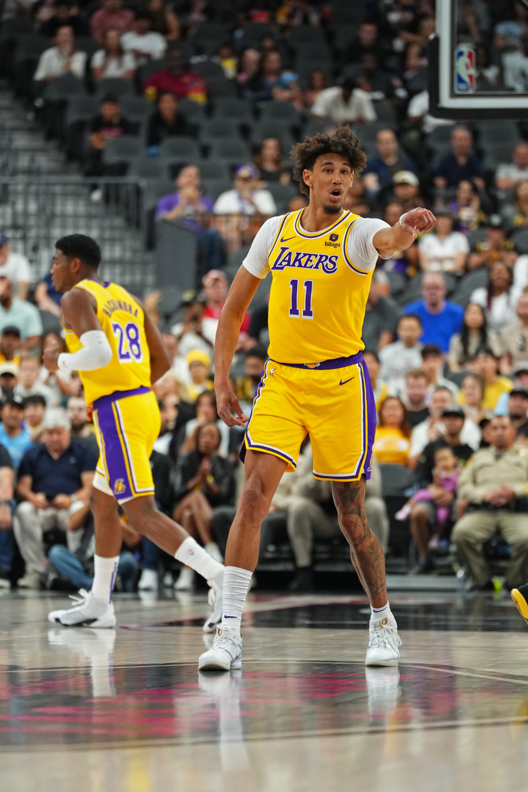 LAS VEGAS, NV - OCTOBER 9: Jaxson Hayes #11 Of the Los Angeles Lakers looks on during the game against the Brooklyn Nets on October 9, 2023 at T-Mobile Arena in Las Vegas, Nevada. NOTE TO USER: User expressly acknowledges and agrees that, by downloading and or using this photograph, User is consenting to the terms and conditions of the Getty Images License Agreement. Mandatory Copyright Notice: Copyright 2023 NBAE (Photo by Jeff Bottari/NBAE via Getty Images)