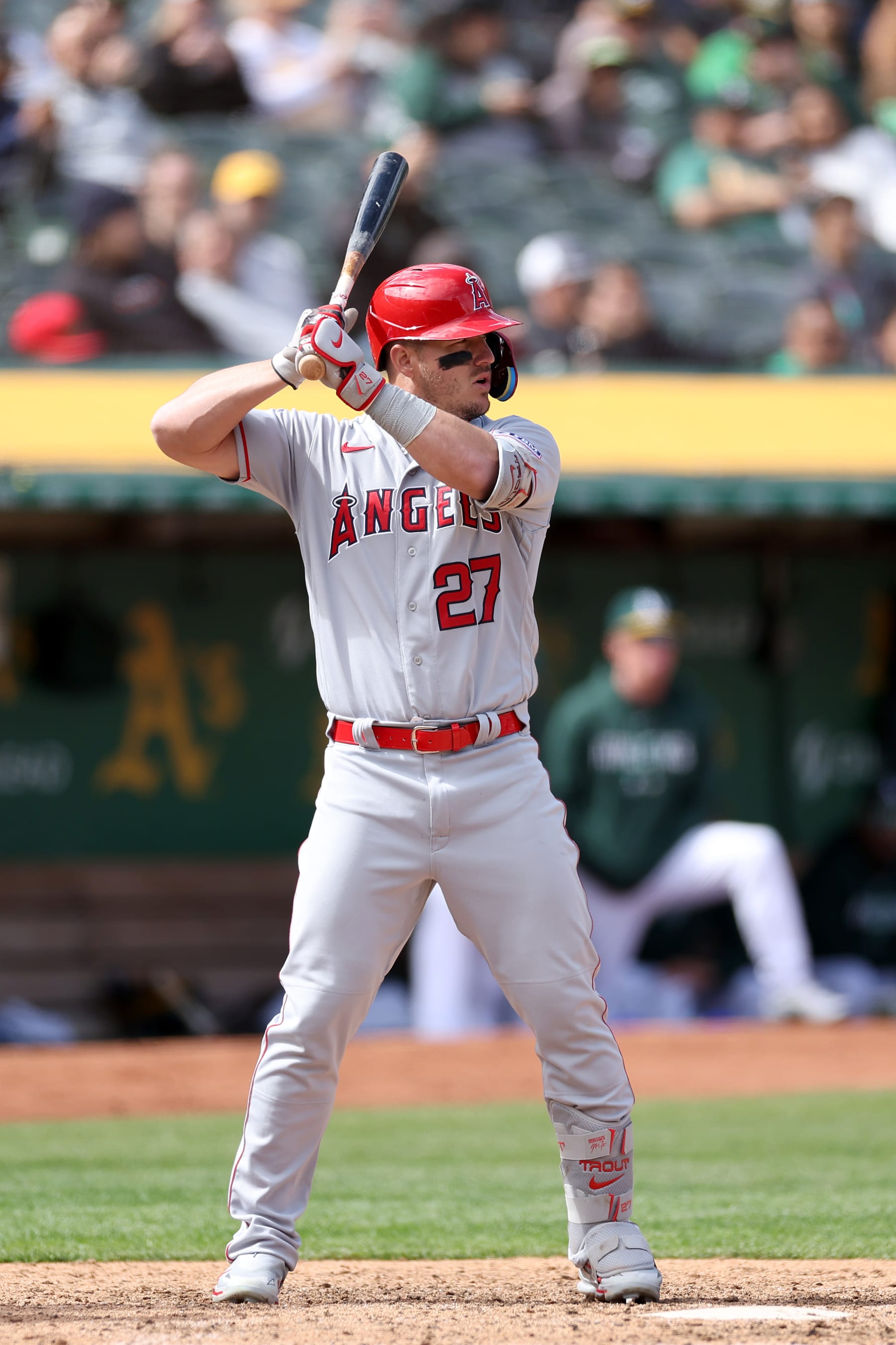 OAKLAND, CALIFORNIA - APRIL 02: Mike Trout #27 of the Los Angeles Angels bats against the Oakland Athletics at RingCentral Coliseum on April 02, 2023 in Oakland, California. (Photo by Ezra Shaw/Getty Images)