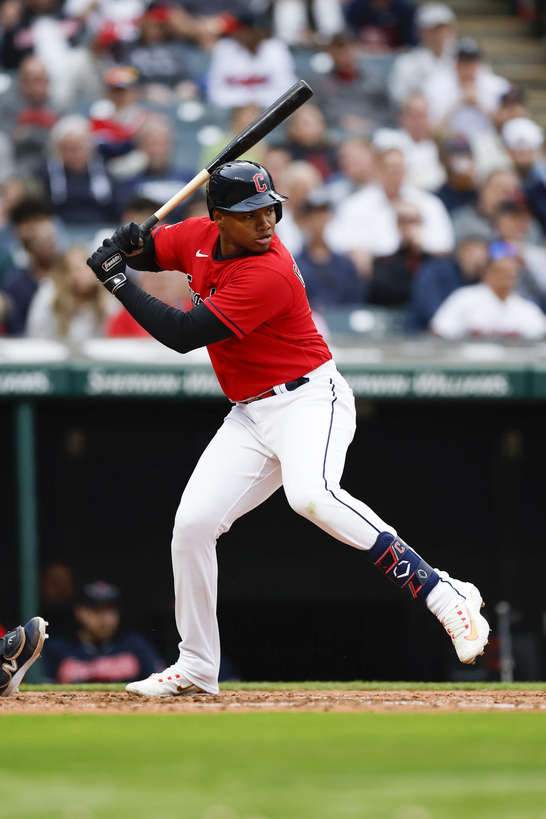 CLEVELAND, OH - APRIL 11: Oscar Gonzalez #39 of the Cleveland Guardians bats against the New York Yankees during the fourth inning at Progressive Field on April 11, 2023 in Cleveland, Ohio. (Photo by Ron Schwane/Getty Images)