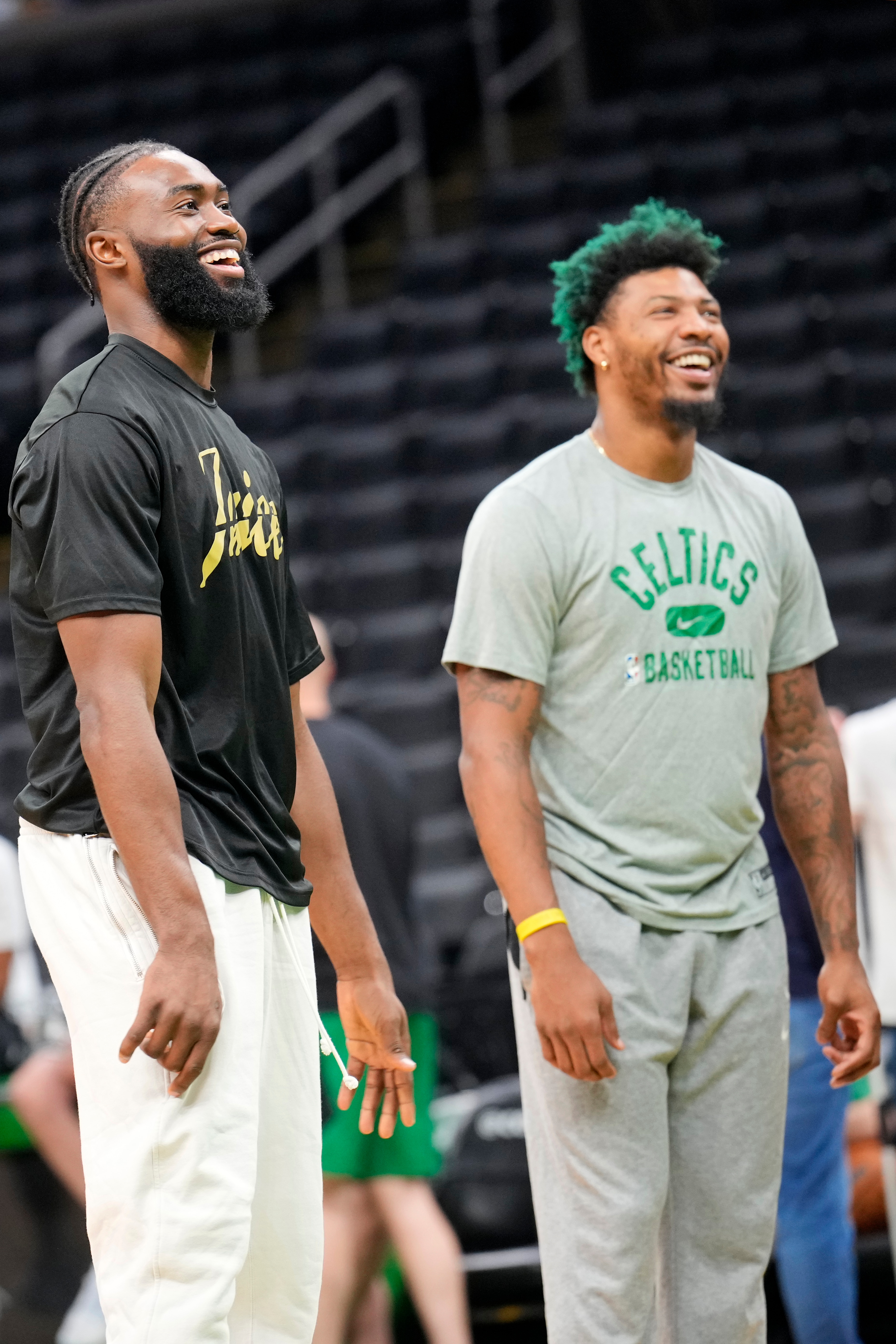 BOSTON, MA - JUNE 09: Jaylen Brown #7 of the Boston Celtics, and Marcus Smart #36  smile during 2022 NBA Finals Practice and Media Availability on June 9, 2022 at the TD Garden in Boston, Massachusetts. NOTE TO USER: User expressly acknowledges and agrees that, by downloading and or using this photograph, User is consenting to the terms and conditions of the Getty Images License Agreement. Mandatory Copyright Notice: Copyright 2022 NBAE (Photo by Mark Blinch/NBAE via Getty Images)