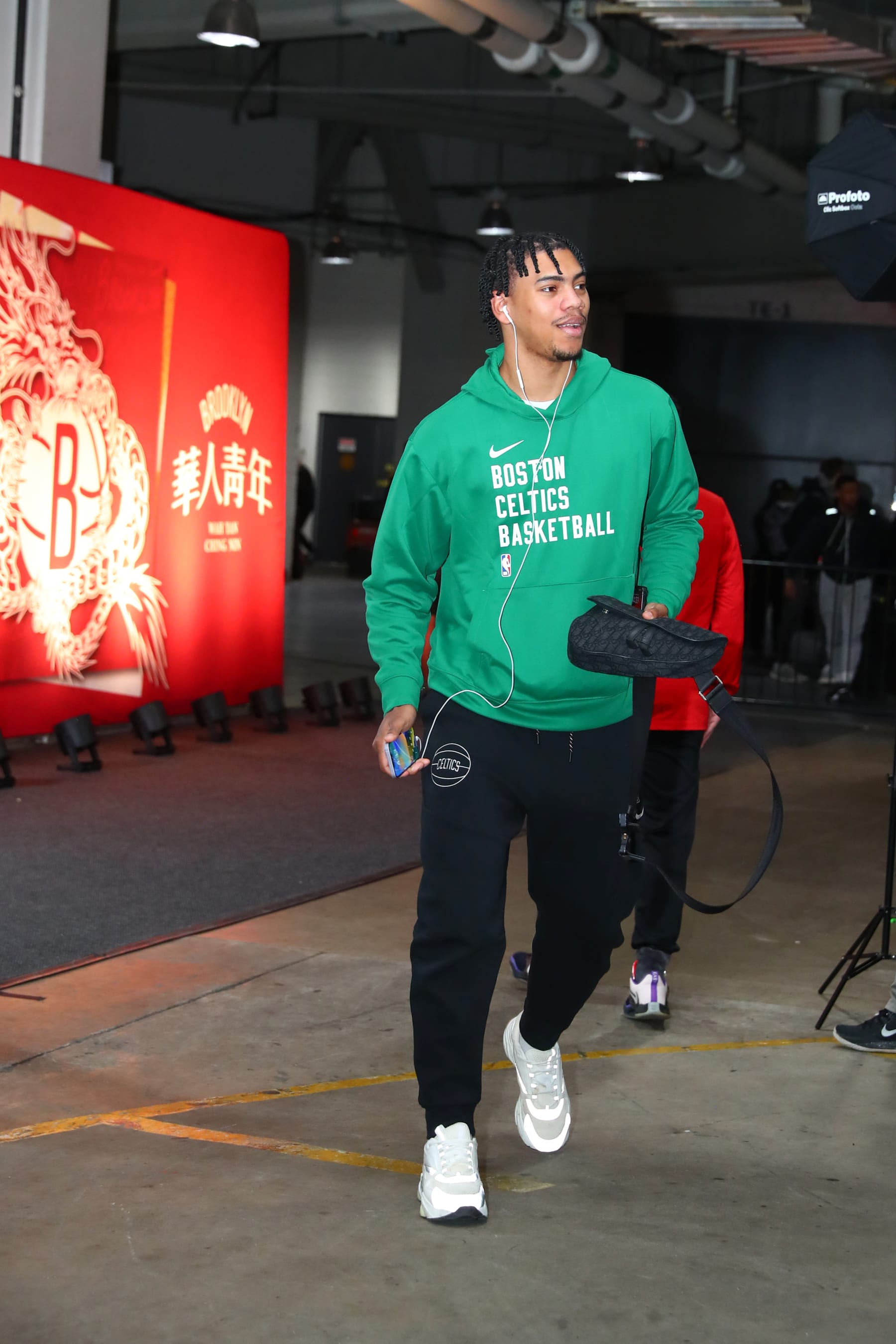 BROOKLYN, NY - FEBRUARY 13: Jaden Springer of the Boston Celtics arrives to the arena before the game on February 13, 2024 at Barclays Center in Brooklyn, New York. NOTE TO USER: User expressly acknowledges and agrees that, by downloading and or using this Photograph, user is consenting to the terms and conditions of the Getty Images License Agreement. Mandatory Copyright Notice: Copyright 2024 NBAE (Photo by David L. Nemec/NBAE via Getty Images)