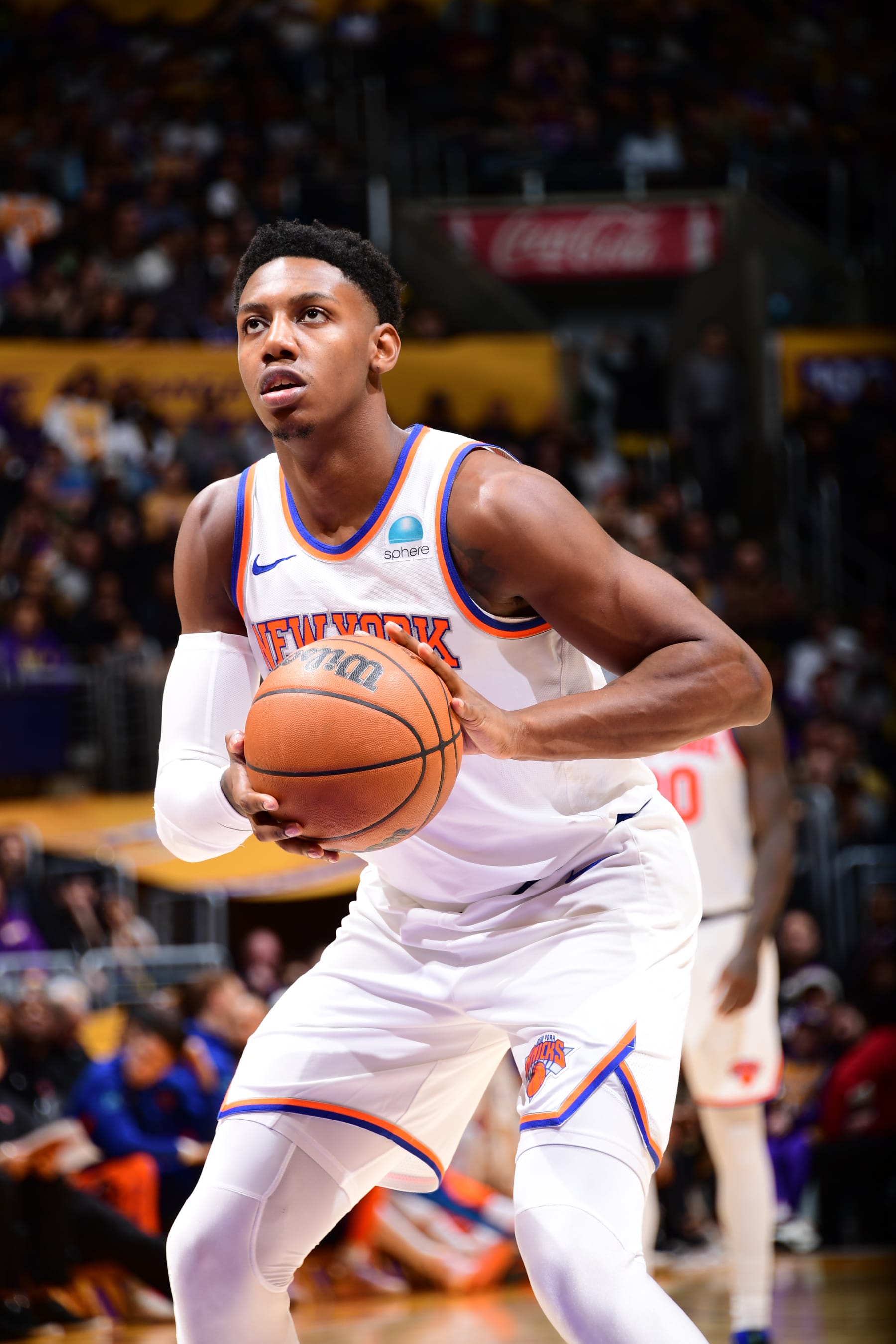 LOS ANGELES, CA - DECEMBER 18:  RJ Barrett #9 of the New York Knicks shoots a free throw during the game  on December 18, 2023 at Crypto.Com Arena in Los Angeles, California. NOTE TO USER: User expressly acknowledges and agrees that, by downloading and/or using this Photograph, user is consenting to the terms and conditions of the Getty Images License Agreement. Mandatory Copyright Notice: Copyright 2023 NBAE (Photo by Adam Pantozzi/NBAE via Getty Images)