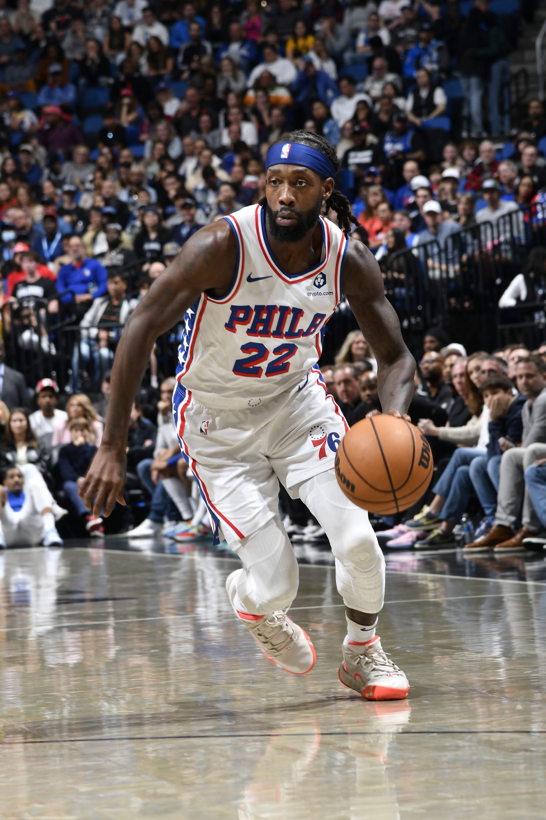 ORLANDO, FL - DECEMBER 27: Patrick Beverley #22 of the Philadelphia 76ers dribbles the ball during the game against the Orlando Magic on December 27, 2023 at the Kia Center in Orlando, Florida. NOTE TO USER: User expressly acknowledges and agrees that, by downloading and or using this photograph, User is consenting to the terms and conditions of the Getty Images License Agreement. Mandatory Copyright Notice: Copyright 2023 NBAE (Photo by Fernando Medina/NBAE via Getty Images)