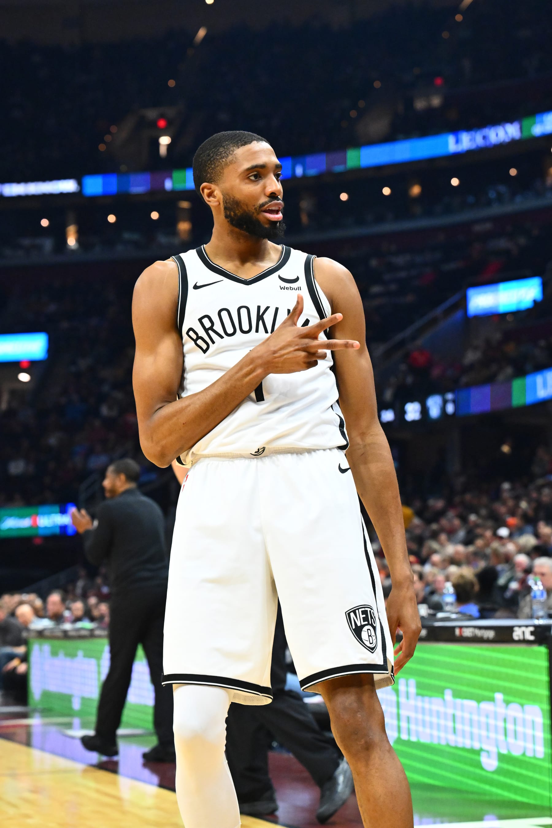 CLEVELAND, OHIO - MARCH 10: Mikal Bridges #1 of the Brooklyn Nets celebrates after scoring during the second quarter against the Cleveland Cavaliers at Rocket Mortgage Fieldhouse on March 10, 2024 in Cleveland, Ohio. NOTE TO USER: User expressly acknowledges and agrees that, by downloading and or using this photograph, User is consenting to the terms and conditions of the Getty Images License Agreement. (Photo by Jason Miller/Getty Images)