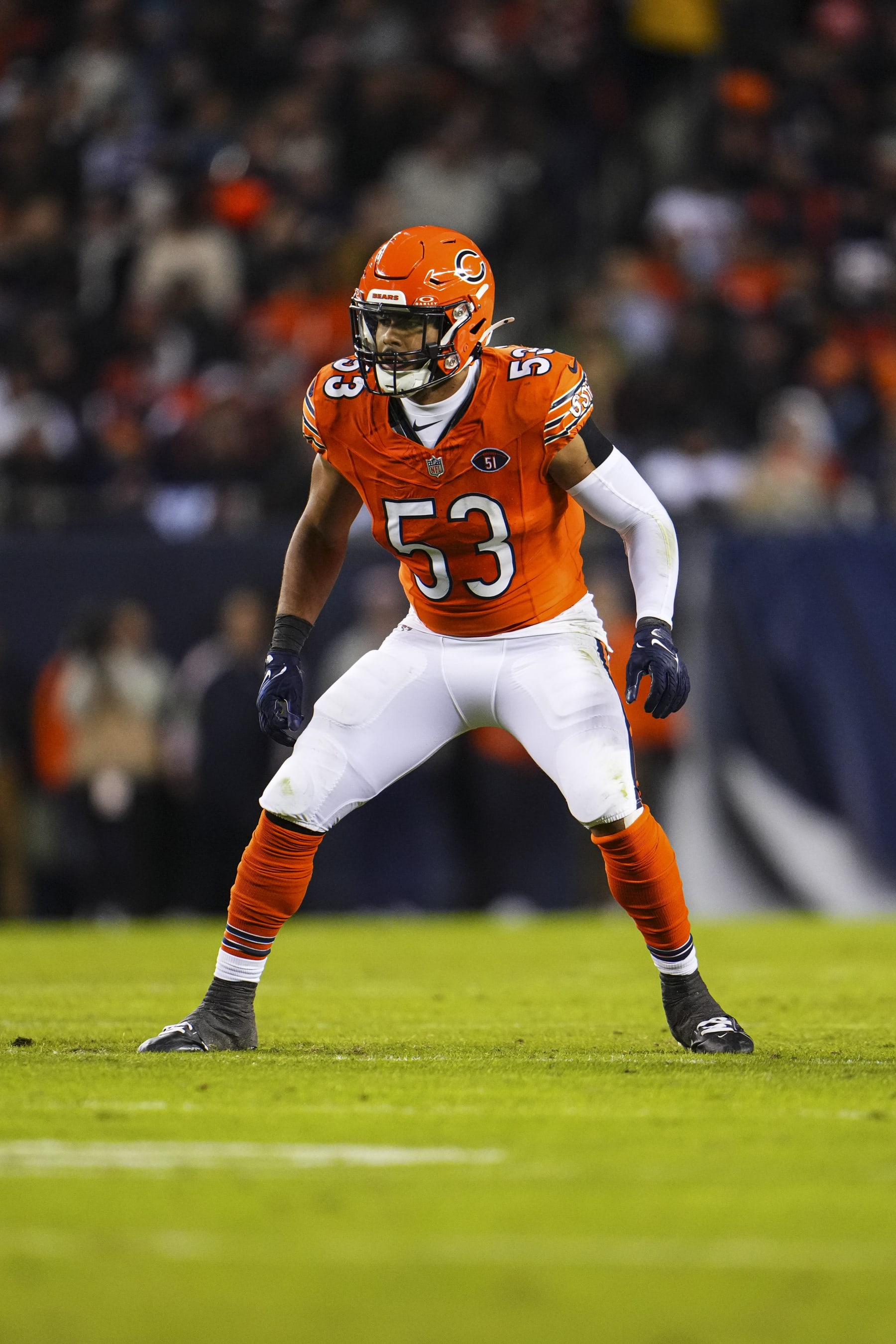CHICAGO, IL - NOVEMBER 09: T.J. Edwards #53 of the Chicago Bears defends in coverage during an NFL football game against the Carolina Panthers at Soldier Field on November 9, 2023 in Chicago, Illinois. (Photo by Cooper Neill/Getty Images)