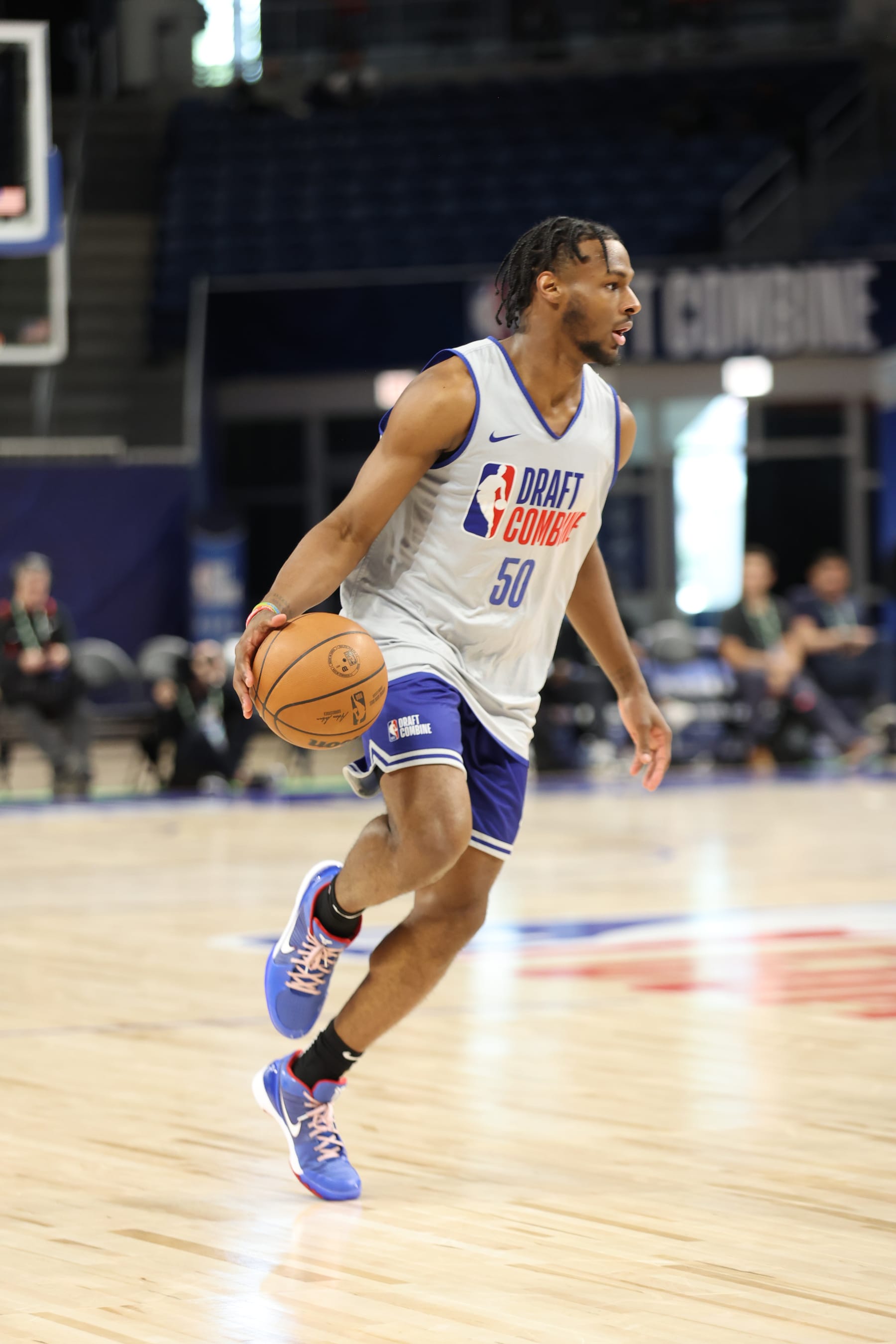 CHICAGO, IL - MAY 15: Bronny James dribbles the ball during the 2024 NBA Combine on May 15, 2024 at Wintrust Arena in Chicago, Illinois. NOTE TO USER: User expressly acknowledges and agrees that, by downloading and or using this photograph, User is consenting to the terms and conditions of the Getty Images License Agreement. Mandatory Copyright Notice: Copyright 2024 NBAE (Photo by Jeff Haynes/NBAE via Getty Images)