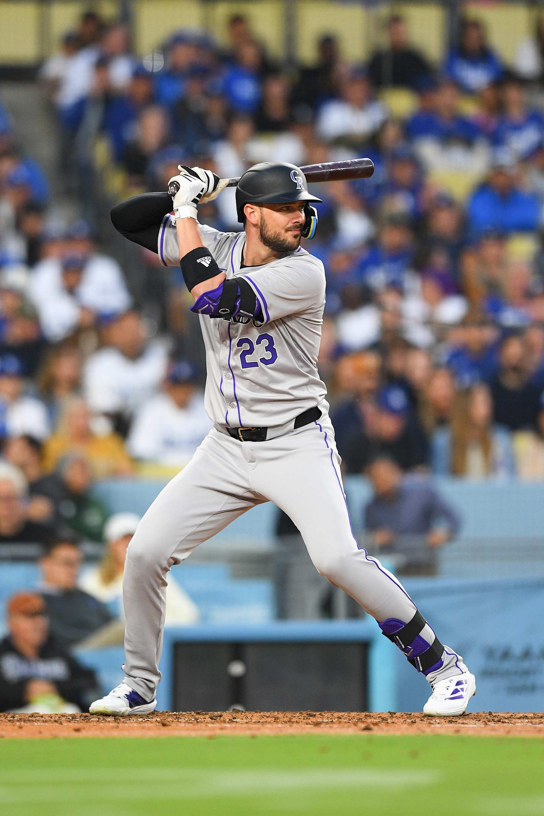 LOS ANGELES, CA - JUNE 01: Colorado Rockies designated hitter Kris Bryant (23) at bat during the MLB game between the Colorado Rockies and the Los Angeles Dodgers on June 1, 2024 at Dodger Stadium in Los Angeles, CA. (Photo by Brian Rothmuller/Icon Sportswire via Getty Images)