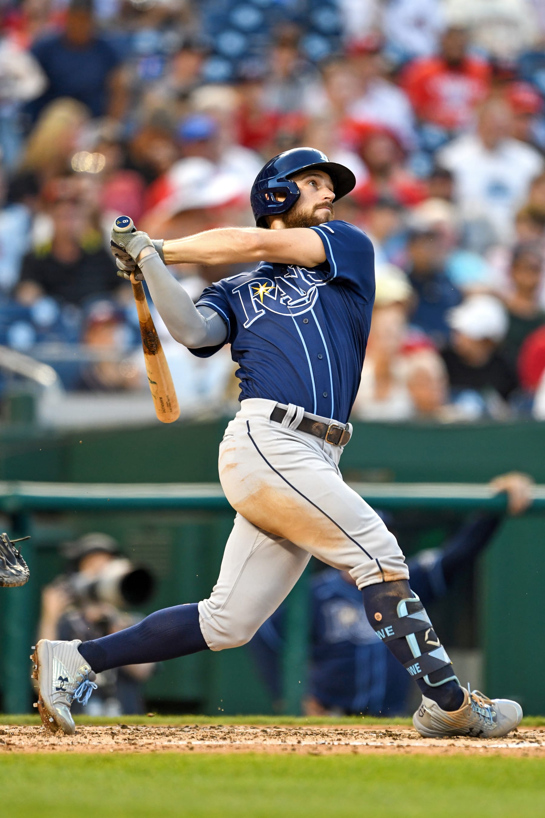 WASHINGTON, DC - JUNE 29, 2021: Brandon Lowe #8 of the Tampa Bay Rays hits a solo home run off Joe Ross #41 of the Washington Nationals in the fifth inning at Nationals Park on June 29, 2021 in Washington, DC. (Photo by Chris Bernacchi/Diamond Images via Getty Images)