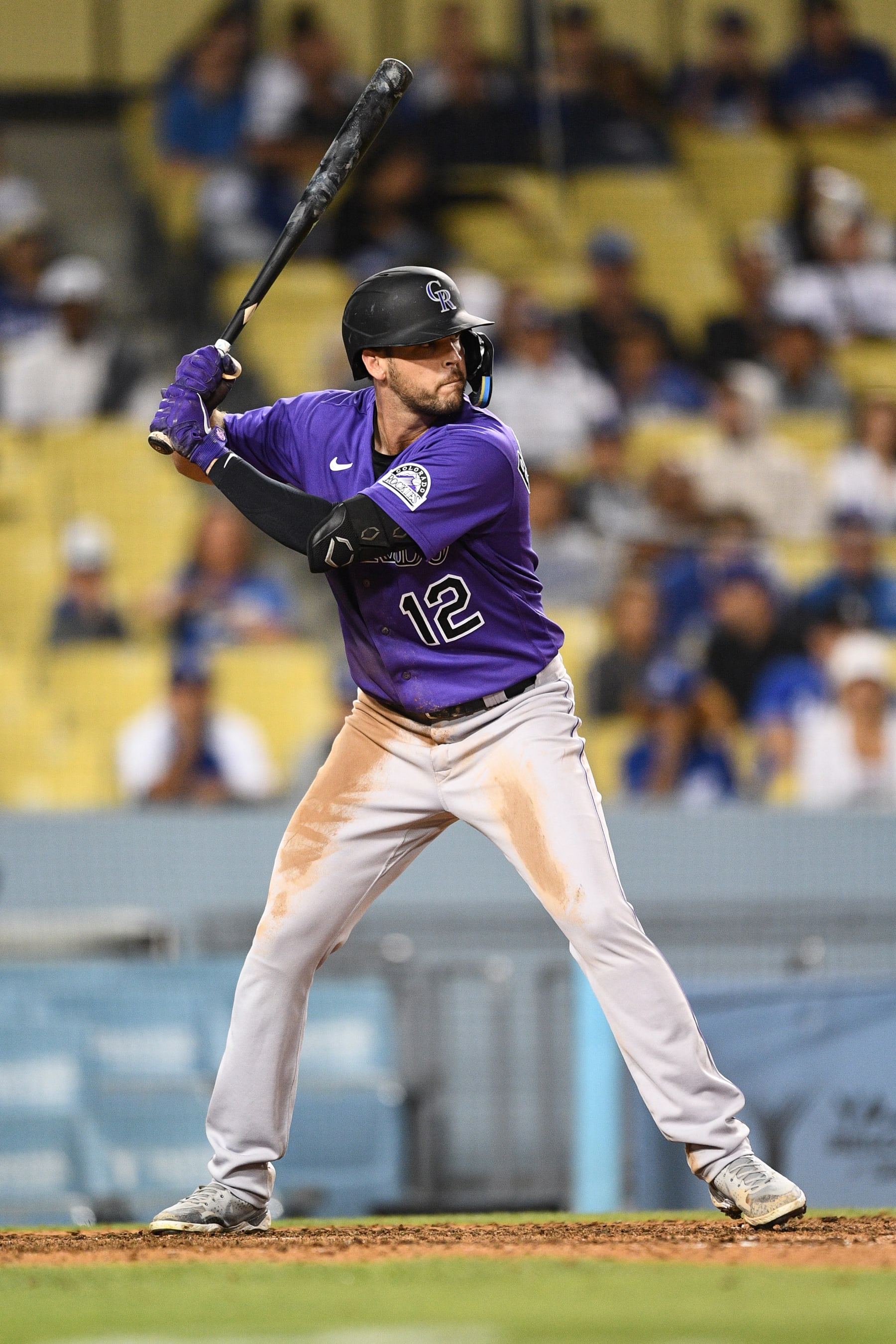 LOS ANGELES, CA - OCTOBER 03: Colorado Rockies left fielder Sean Bouchard (12) at bat during the MLB game between the Colorado Rockies and the Los Angeles Dodgers on October 3, 2022 at Dodger Stadium in Los Angeles, CA. (Photo by Brian Rothmuller/Icon Sportswire via Getty Images)