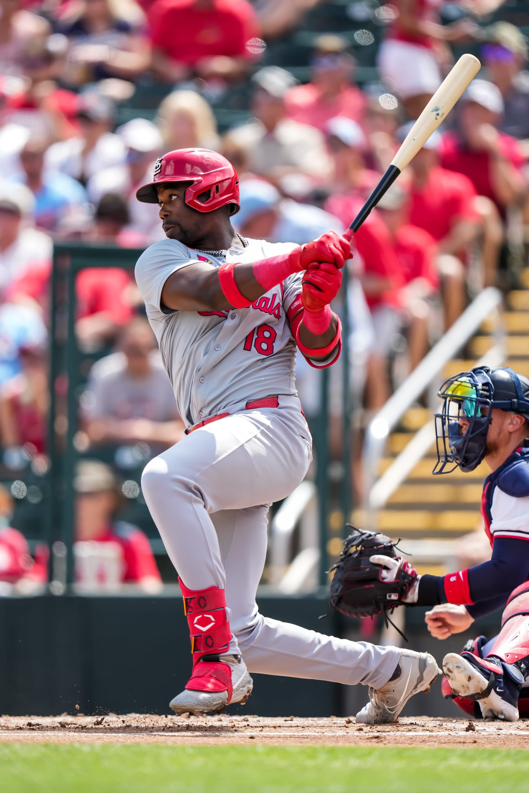 FORT MYERS, FL- MARCH 13: Jordan Walker #18 of the St. Louis Cardinals bats during a spring training game against the Minnesota Twins on March 13, 2024 at the Lee County Sports Complex in Fort Myers, Florida. (Photo by Brace Hemmelgarn/Minnesota Twins/Getty Images)