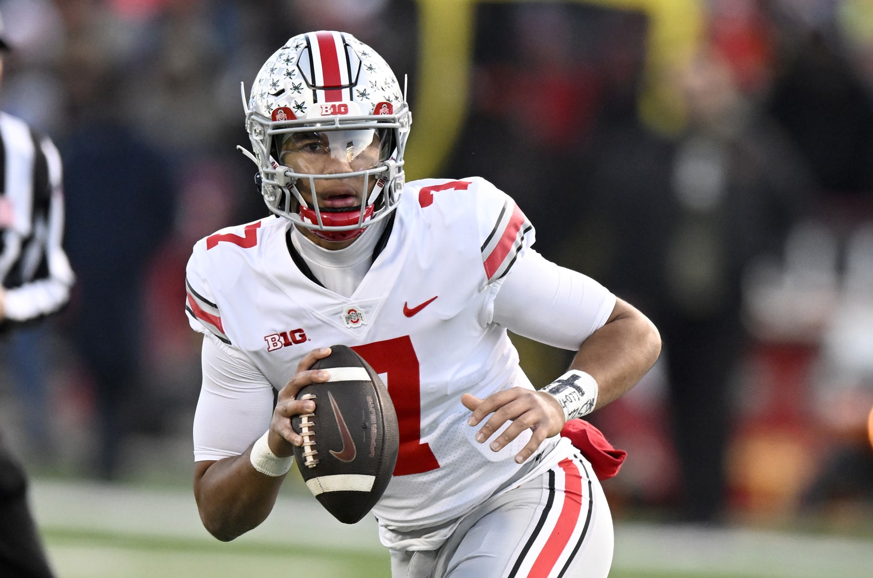 COLLEGE PARK, MARYLAND - NOVEMBER 19: C.J. Stroud #7 of the Ohio State Buckeyes drops back to pass against the Maryland Terrapins at SECU Stadium on November 19, 2022 in College Park, Maryland. (Photo by G Fiume/Getty Images)