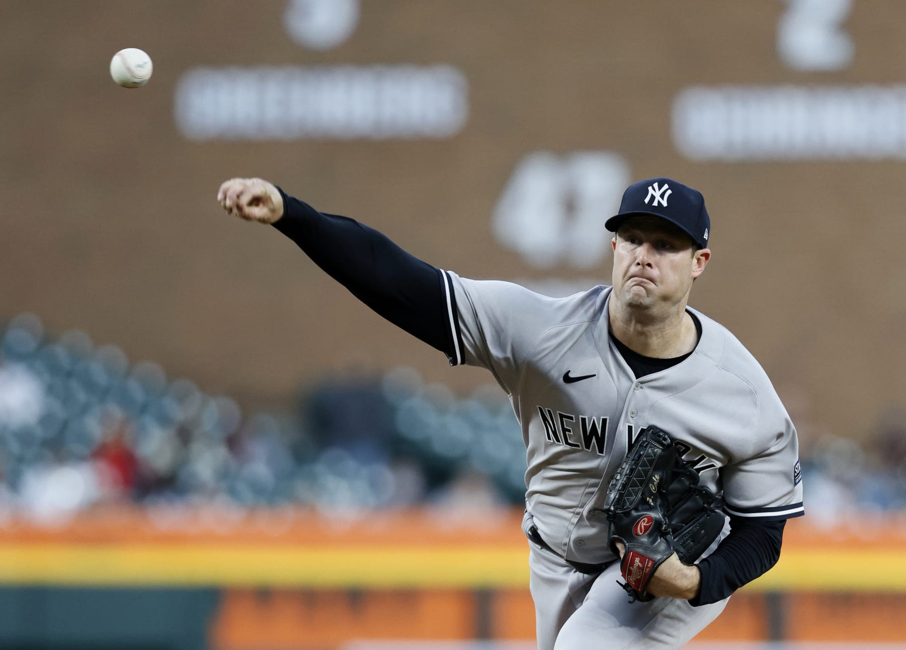 DETROIT, MI - AUGUST 30: Gerrit Cole #45 of the New York Yankees pitches against the Detroit Tigers during the fourth inning at Comerica Park on August 30, 2023 in Detroit, Michigan. (Photo by Duane Burleson/Getty Images)