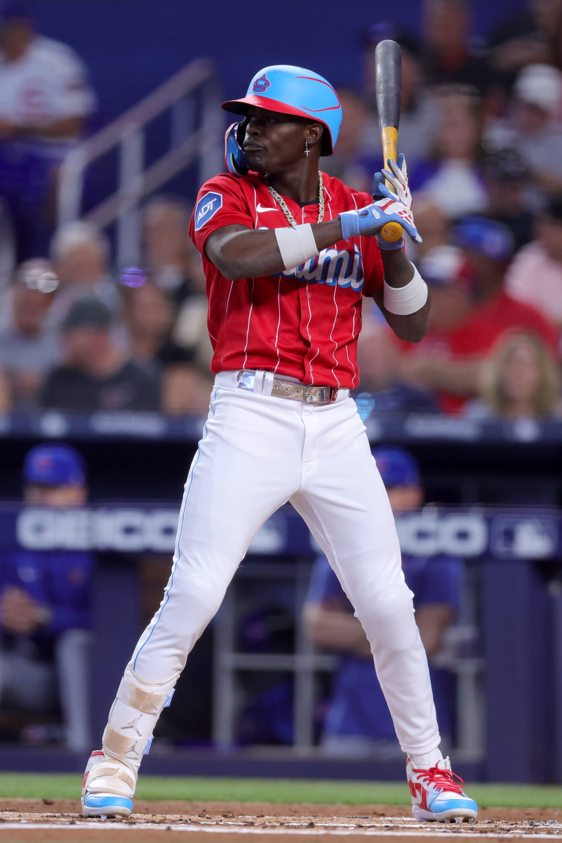 MIAMI, FLORIDA - APRIL 29: Jazz Chisholm Jr. #2 of the Miami Marlins at bat against the Chicago Cubs during the first inning at loanDepot park on April 29, 2023 in Miami, Florida. (Photo by Megan Briggs/Getty Images)