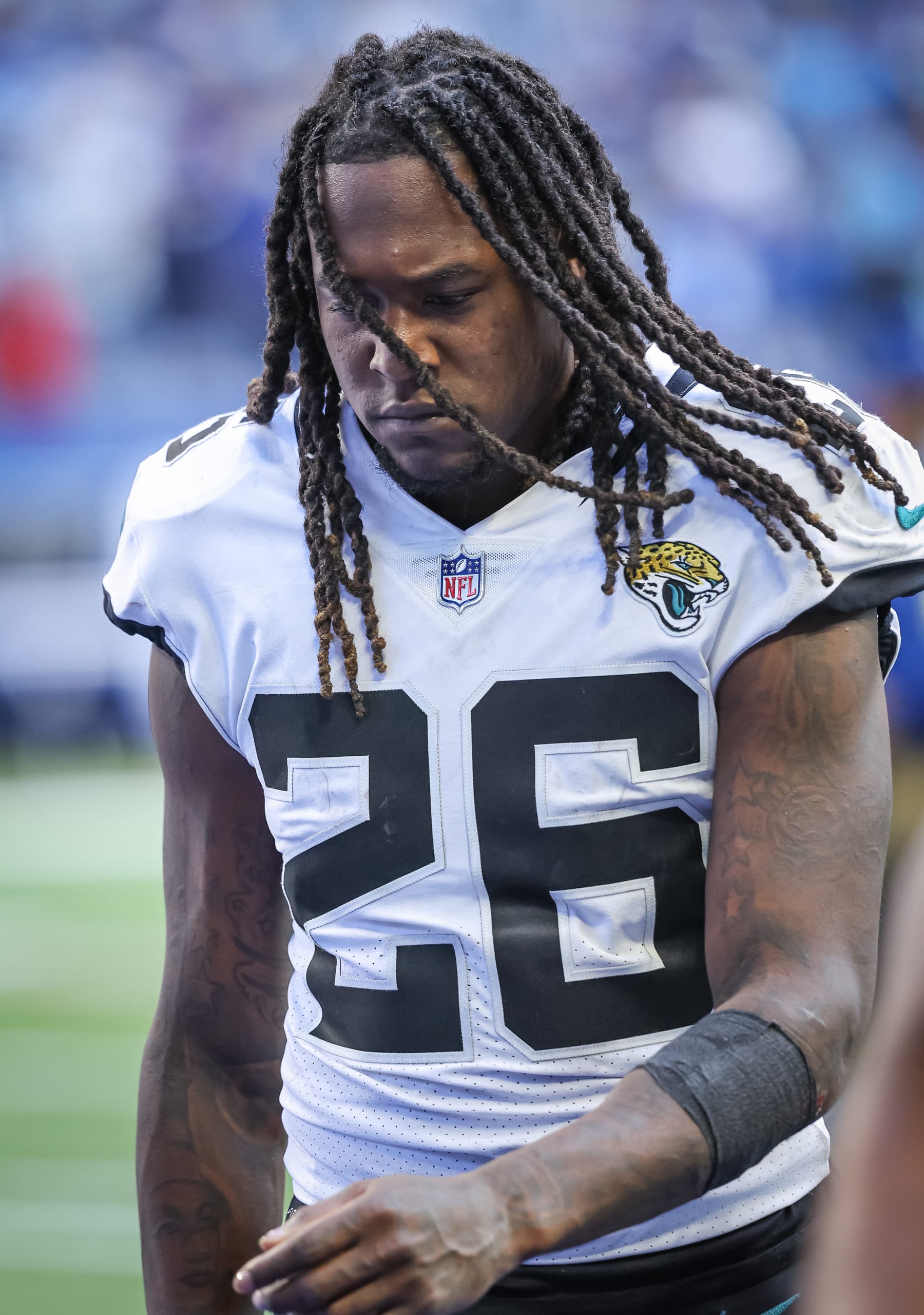 INDIANAPOLIS, IN - OCTOBER 16: Shaquill Griffin #26 of the Jacksonville Jaguars is seen after the game against the Indianapolis Colts at Lucas Oil Stadium on October 16, 2022 in Indianapolis, Indiana. (Photo by Michael Hickey/Getty Images)
