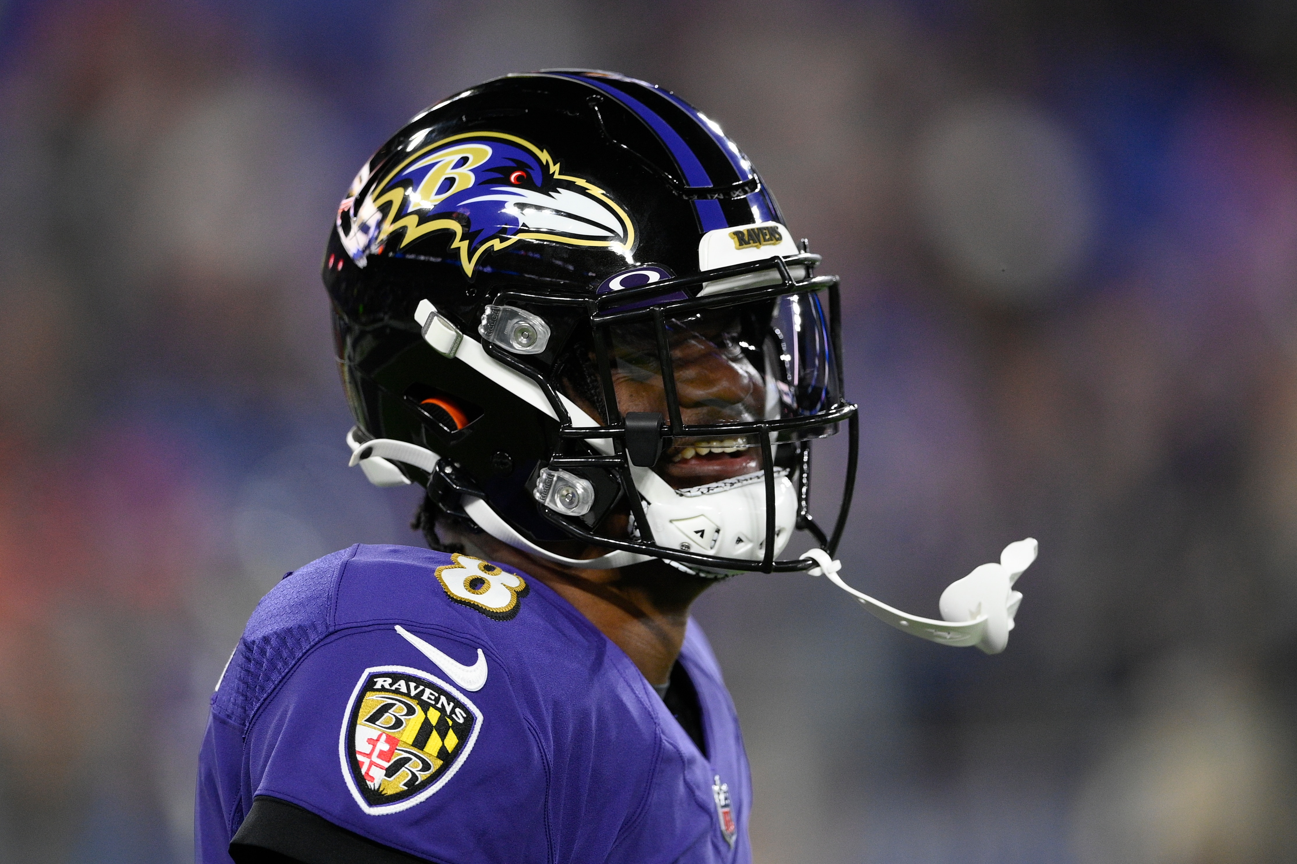 Baltimore Ravens quarterback Lamar Jackson warms up before an NFL football game against the Kansas City Chiefs, Sunday, Sept. 19, 2021, in Baltimore. (AP Photo/Nick Wass)