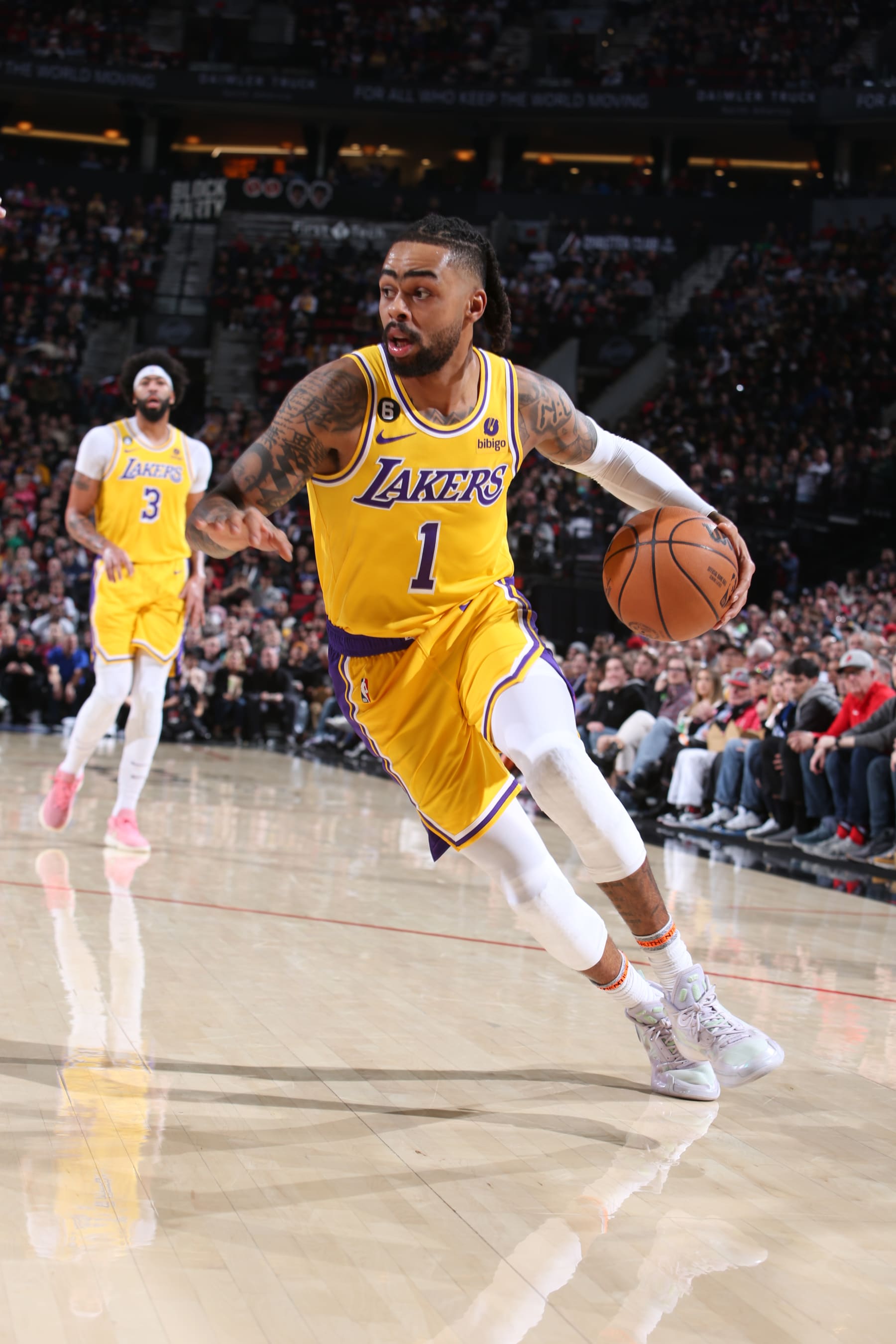 PORTLAND, OR - FEBRUARY 13: DAngelo Russell #1 of the Los Angeles Lakers drives to the basket during the game against the Portland Trail Blazers on February 13, 2023 at the Moda Center Arena in Portland, Oregon. NOTE TO USER: User expressly acknowledges and agrees that, by downloading and or using this photograph, user is consenting to the terms and conditions of the Getty Images License Agreement. Mandatory Copyright Notice: Copyright 2023 NBAE (Photo by Sam Forencich/NBAE via Getty Images)
