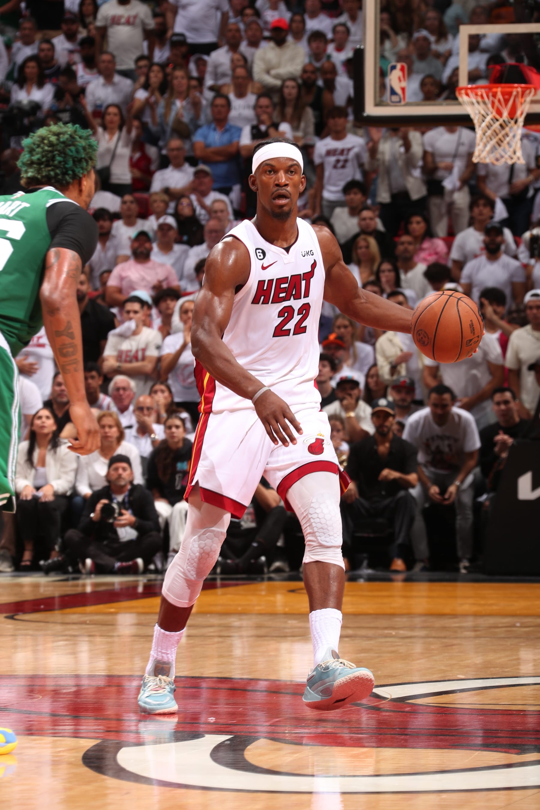 MIAMI, FL - MAY 27: Jimmy Butler #22 of the Miami Heat dribbles the ball during round 3 game 6 of the Eastern Conference finals 2023 NBA Playoffs against the Boston Celtics on May 27, 2023 at Kaseya Center in Miami, Florida. NOTE TO USER: User expressly acknowledges and agrees that, by downloading and or using this Photograph, user is consenting to the terms and conditions of the Getty Images License Agreement. Mandatory Copyright Notice: Copyright 2023 NBAE (Photo by Issac Baldizon/NBAE via Getty Images)
