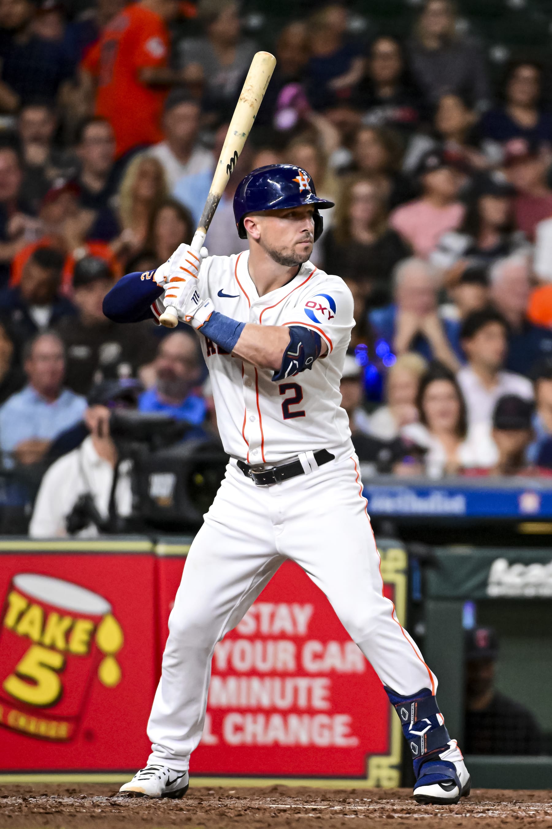 HOUSTON, TEXAS - MAY 01: Alex Bregman #2 of the Houston Astros bats against the Cleveland Guardians at Minute Maid Park on May 01, 2024 in Houston, Texas. (Photo by Logan Riely/Getty Images)