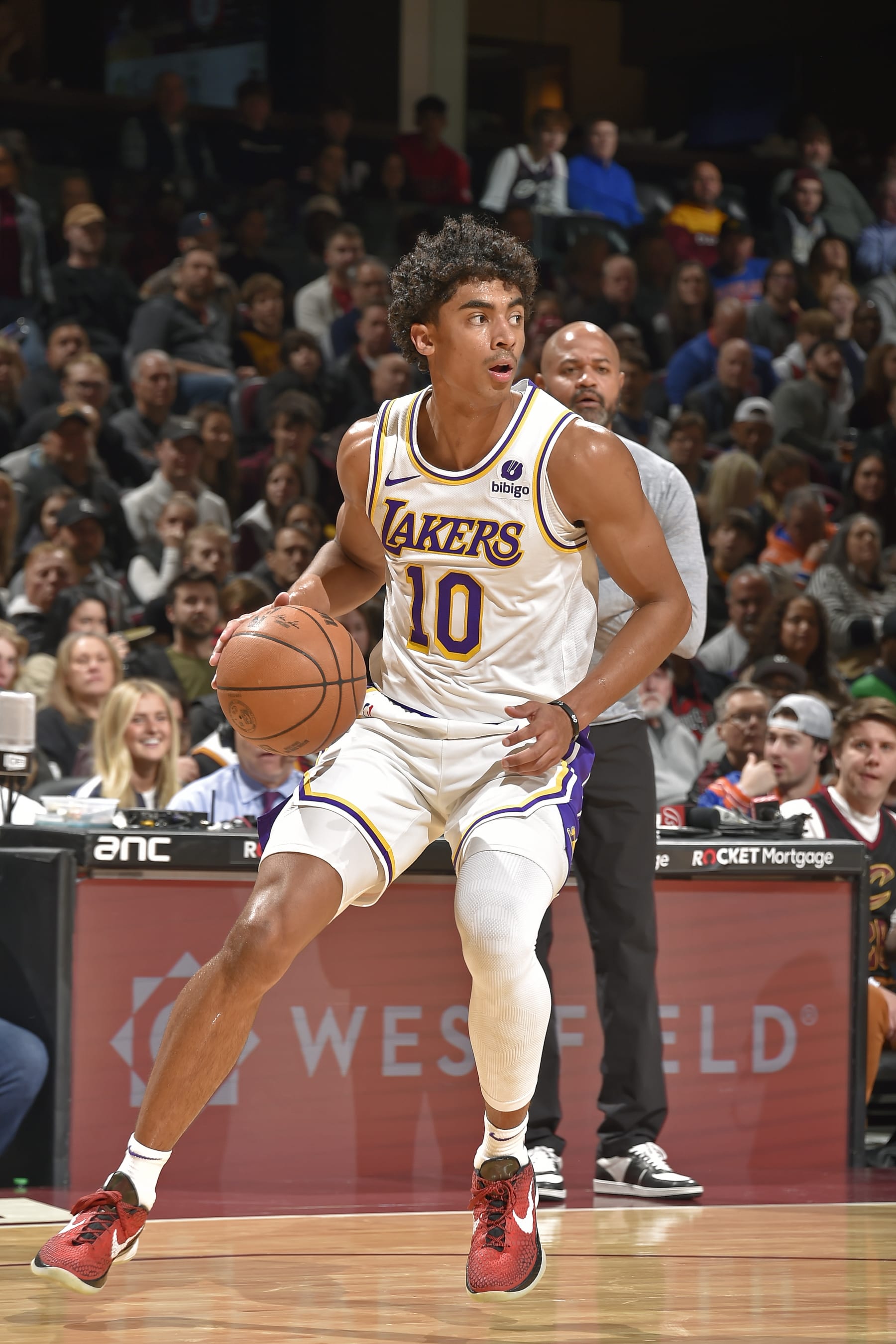 CLEVELAND, OH - NOVEMBER 25: Max Christie #10 of the Los Angeles Lakers handles the ball during the game against the Los Angeles Lakers on November 25, 2023 at Rocket Mortgage FieldHouse in Cleveland, Ohio. NOTE TO USER: User expressly acknowledges and agrees that, by downloading and/or using this Photograph, user is consenting to the terms and conditions of the Getty Images License Agreement. Mandatory Copyright Notice: Copyright 2023 NBAE (Photo by David Liam Kyle/NBAE via Getty Images)