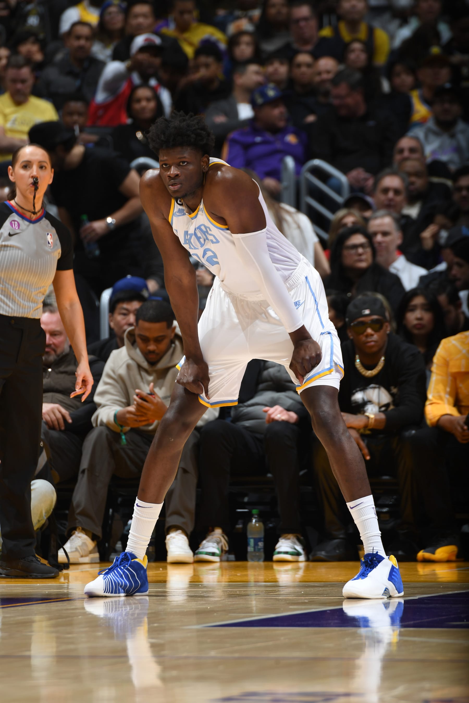 LOS ANGELES, CA - FEBRUARY 23: Mo Bamba #12 of the Los Angeles Lakers looks on during the game against the Golden State Warriors on February 23, 2023 at Crypto.Com Arena in Los Angeles, California. NOTE TO USER: User expressly acknowledges and agrees that, by downloading and/or using this Photograph, user is consenting to the terms and conditions of the Getty Images License Agreement. Mandatory Copyright Notice: Copyright 2023 NBAE (Photo by Andrew D. Bernstein/NBAE via Getty Images)