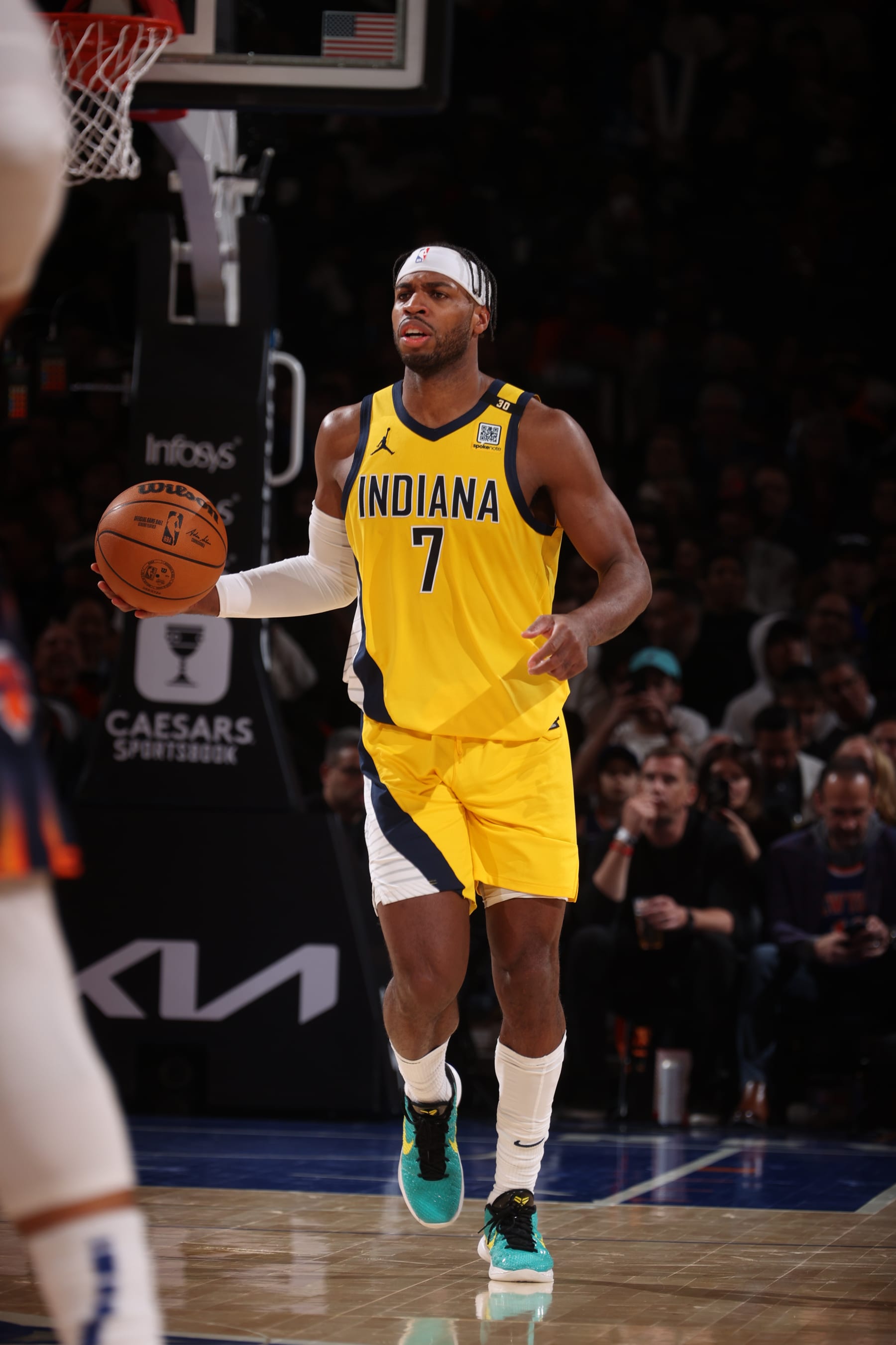 NEW YORK, NY - FEBRUARY 1: Buddy Hield #7 of the Indiana Pacers dribbles the ball during the game against the New York Knicks on February 1, 2024 at Madison Square Garden in New York City, New York.  NOTE TO USER: User expressly acknowledges and agrees that, by downloading and or using this photograph, User is consenting to the terms and conditions of the Getty Images License Agreement. Mandatory Copyright Notice: Copyright 2024 NBAE  (Photo by Nathaniel S. Butler/NBAE via Getty Images)