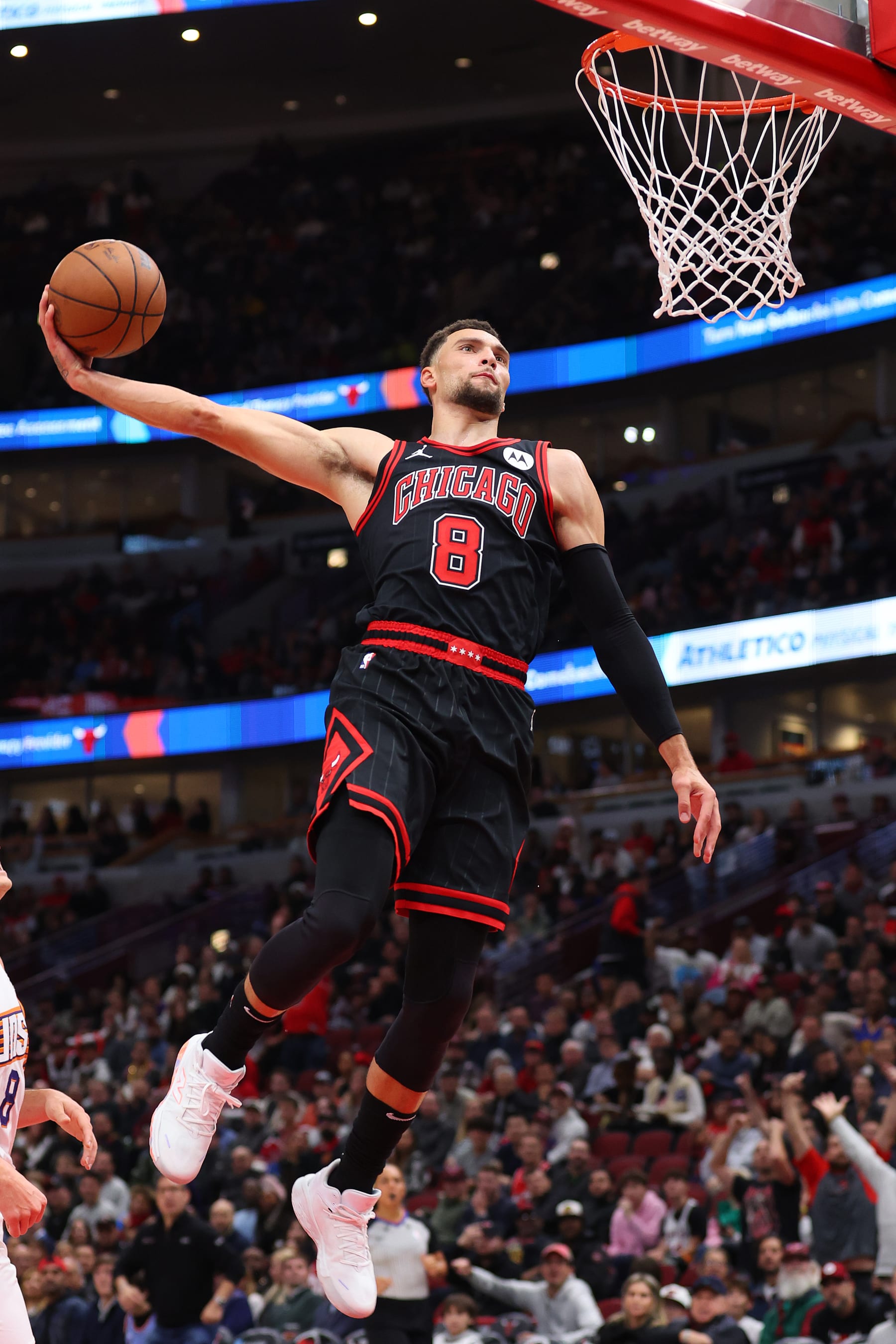 CHICAGO, ILLINOIS - NOVEMBER 08: Zach LaVine #8 of the Chicago Bulls dunks against the Phoenix Suns during the second half at the United Center on November 08, 2023 in Chicago, Illinois. NOTE TO USER: User expressly acknowledges and agrees that, by downloading and or using this photograph, User is consenting to the terms and conditions of the Getty Images License Agreement.  (Photo by Michael Reaves/Getty Images)