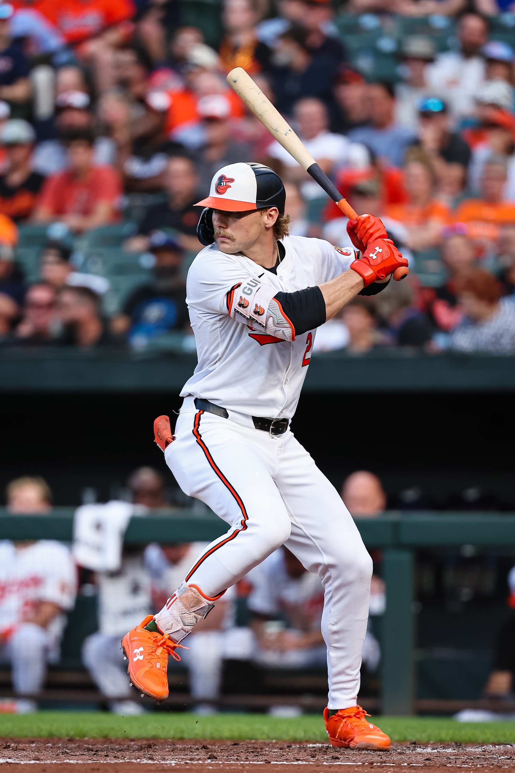 BALTIMORE, MD - MAY 28: Gunnar Henderson #2 of the Baltimore Orioles at bat against the Boston Red Sox during the second inning at Oriole Park at Camden Yards on May 28, 2024 in Baltimore, Maryland. (Photo by Scott Taetsch/Getty Images)