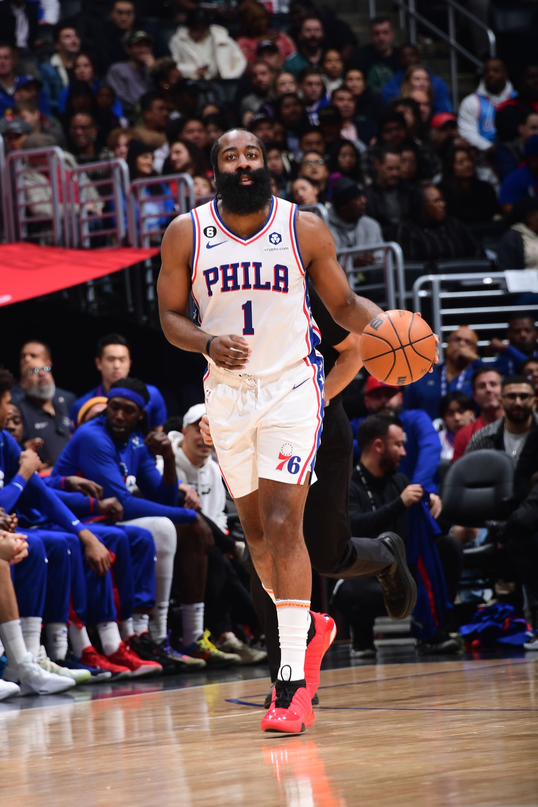 LOS ANGELES, CA - JANUARY 17: James Harden #1 of the Philadelphia 76ers dribbles the ball during the game against the LA Clippers on January 17, 2023 at Crypto.Com Arena in Los Angeles, California. NOTE TO USER: User expressly acknowledges and agrees that, by downloading and/or using this Photograph, user is consenting to the terms and conditions of the Getty Images License Agreement. Mandatory Copyright Notice: Copyright 2023 NBAE (Photo by Adam Pantozzi/NBAE via Getty Images)
