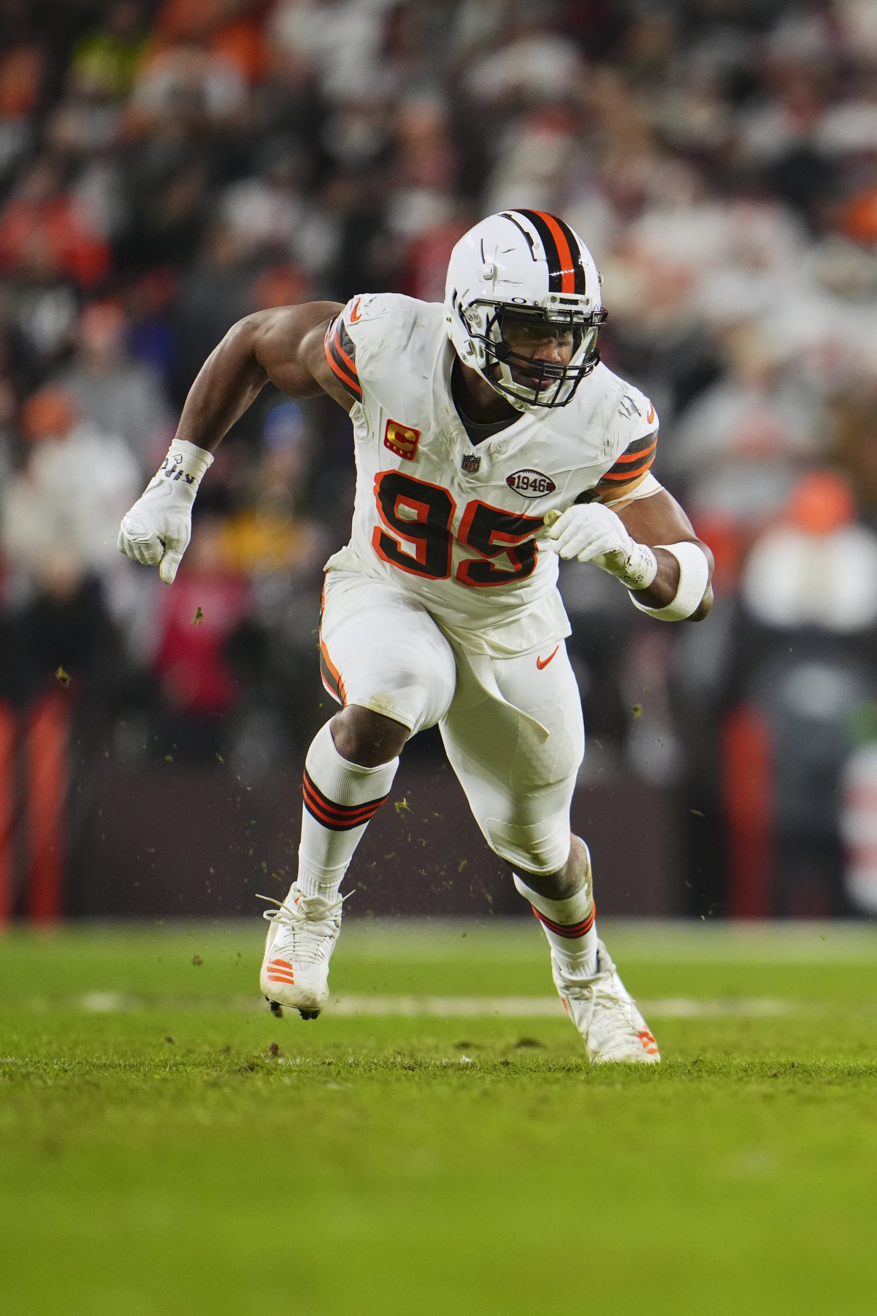 CLEVELAND, OH - DECEMBER 28: Myles Garrett #95 of the Cleveland Browns defends against the New York Jets at Cleveland Browns Stadium on December 28, 2023 in Cleveland, Ohio. (Photo by Cooper Neill/Getty Images)