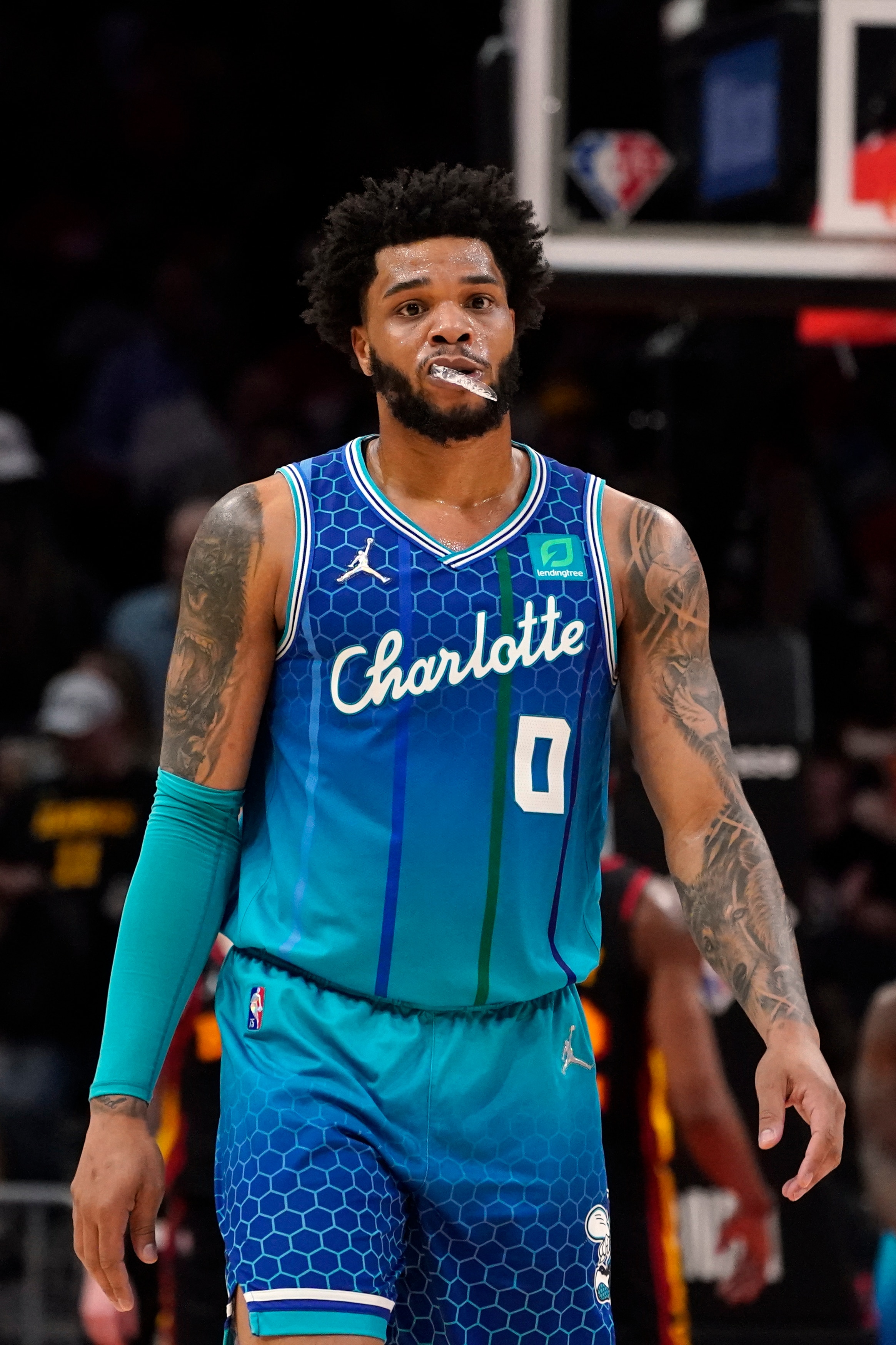 Charlotte Hornets forward Miles Bridges is shown in the second half of an NBA play-in basketball game against the Atlanta Hawks Wednesday, April 13, 2022, in Atlanta. (AP Photo/John Bazemore)