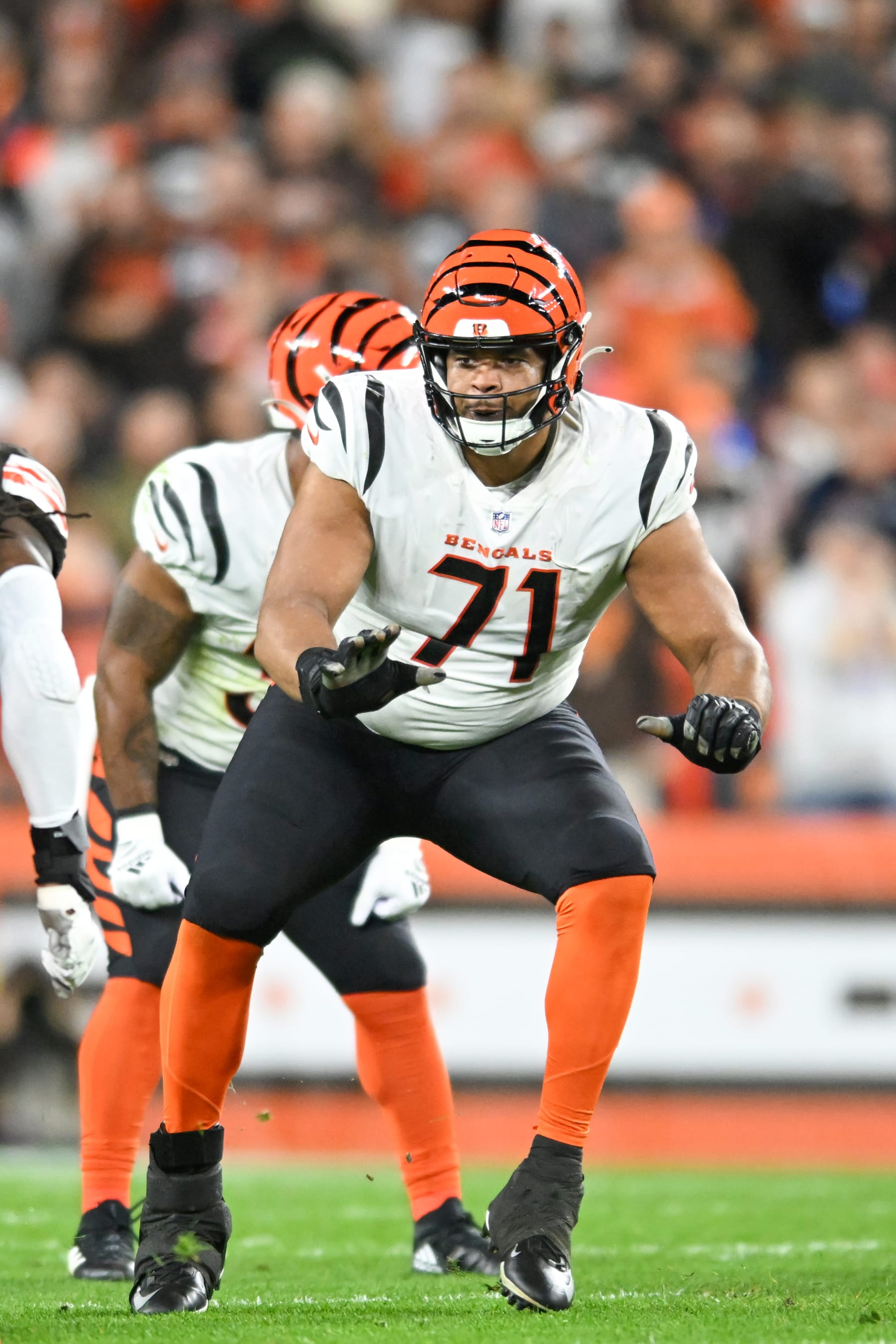 CLEVELAND, OHIO - OCTOBER 31: La'el Collins #71 of the Cincinnati Bengals in action during the first half against the Cleveland Browns at FirstEnergy Stadium on October 31, 2022 in Cleveland, Ohio. (Photo by Nick Cammett/Diamond Images via Getty Images)