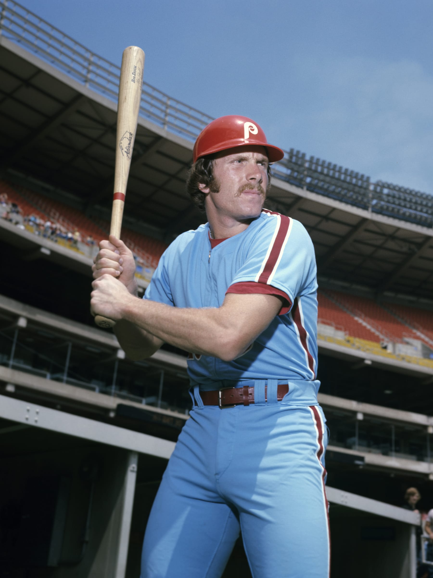 PITTSBURGH, PA - 1975:  Thirdbaseman Mike Schmidt, of the Philadelphia Phillies, poses for a portrait prior to a game in 1975 against the Pittsburgh Pirates at Three Rivers Stadium in Pittsburgh, Pennsylvania.  (Photo by:  Diamond Images/Getty Images)