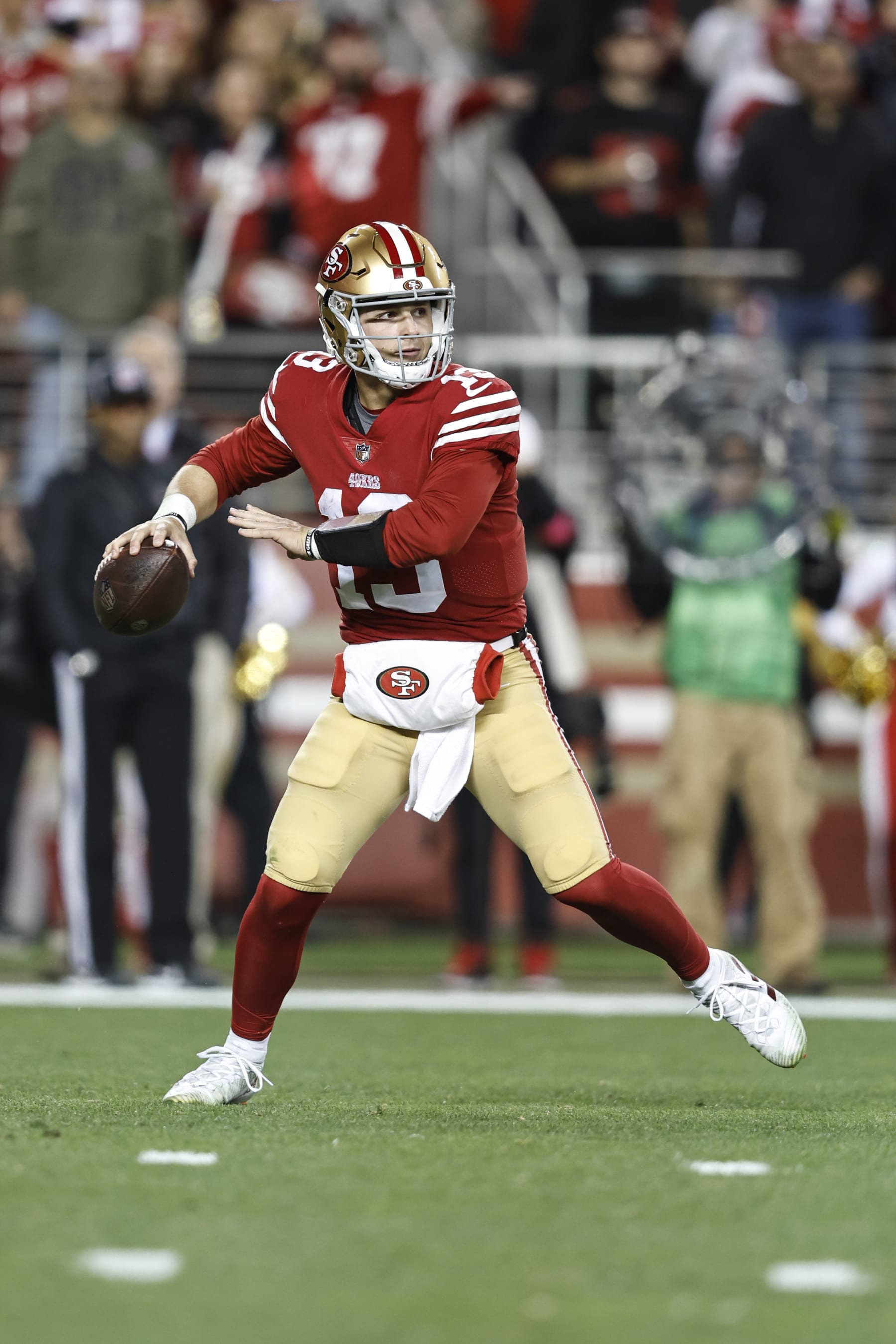 SANTA CLARA, CALIFORNIA - JANUARY 22: Brock Purdy #13 of the San Francisco 49ers passes the ball during an NFL divisional round playoff football game between the San Francisco 49ers and the Dallas Cowboys at Levi's Stadium on January 22, 2023 in Santa Clara, California. (Photo by Michael Owens/Getty Images)