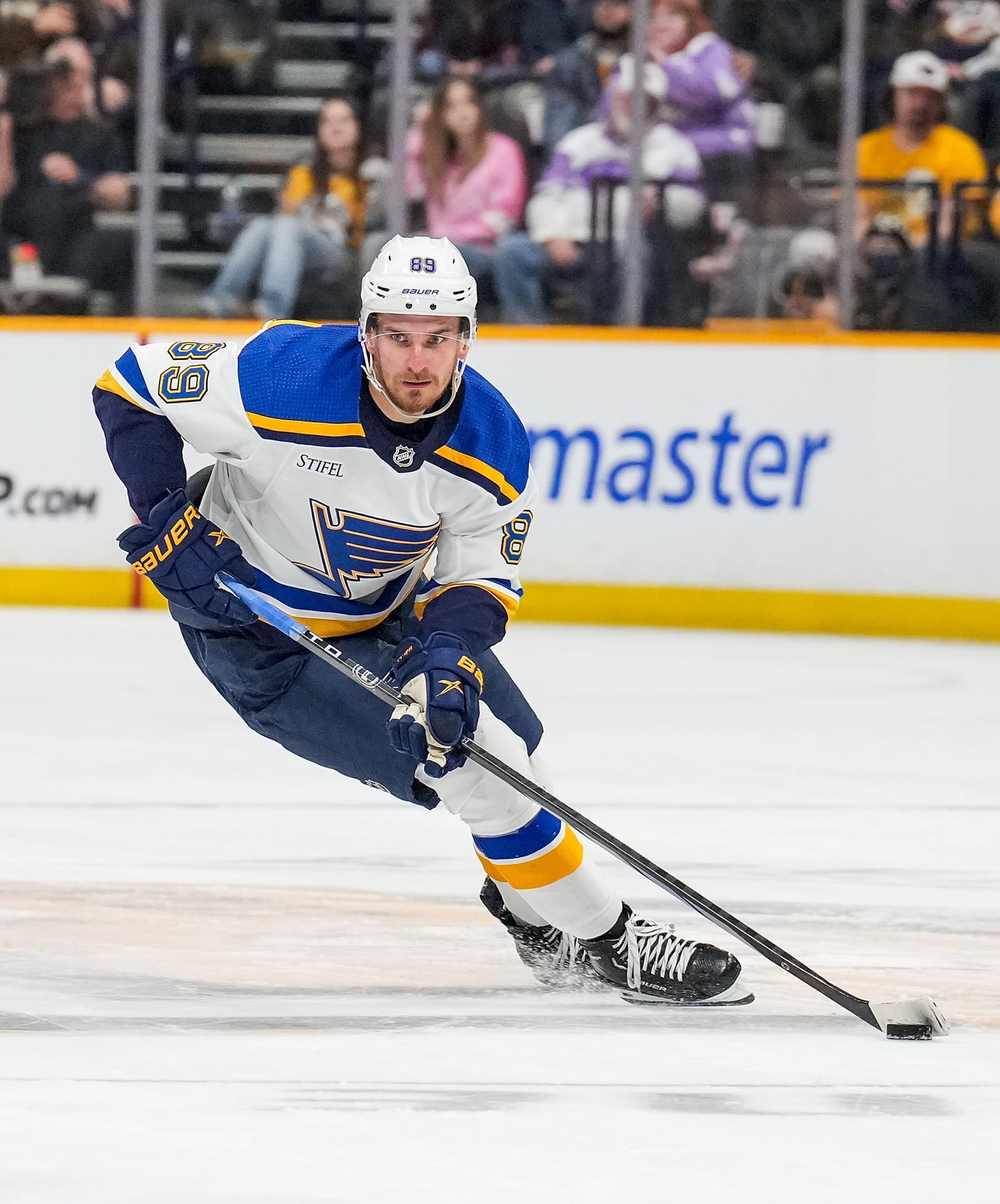 NASHVILLE, TENNESSEE - APRIL 4: Pavel Buchnevich #89 of the St. Louis Blues skates against the Nashville Predators during an NHL game at Bridgestone Arena on April 4, 2024 in Nashville, Tennessee. (Photo by John Russell/NHLI via Getty Images)