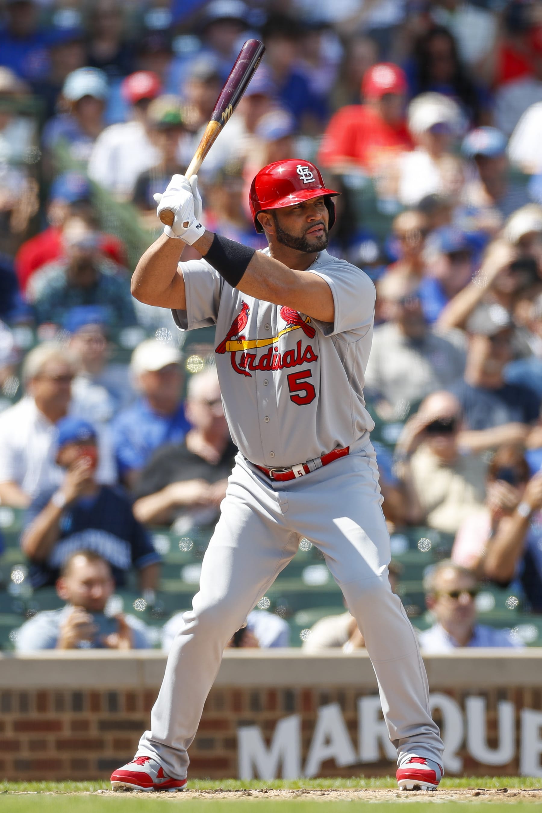 CHICAGO, IL - AUGUST 23: St. Louis Cardinals designated hitter Albert Pujols (5) waits for the pitch during game 1 of a doubleheader between the St. Louis Cardinals and Chicago Cubs on August 23, 2022, at Wrigley Field in Chicago, IL. (Photo by Brandon Sloter/Icon Sportswire via Getty Images)