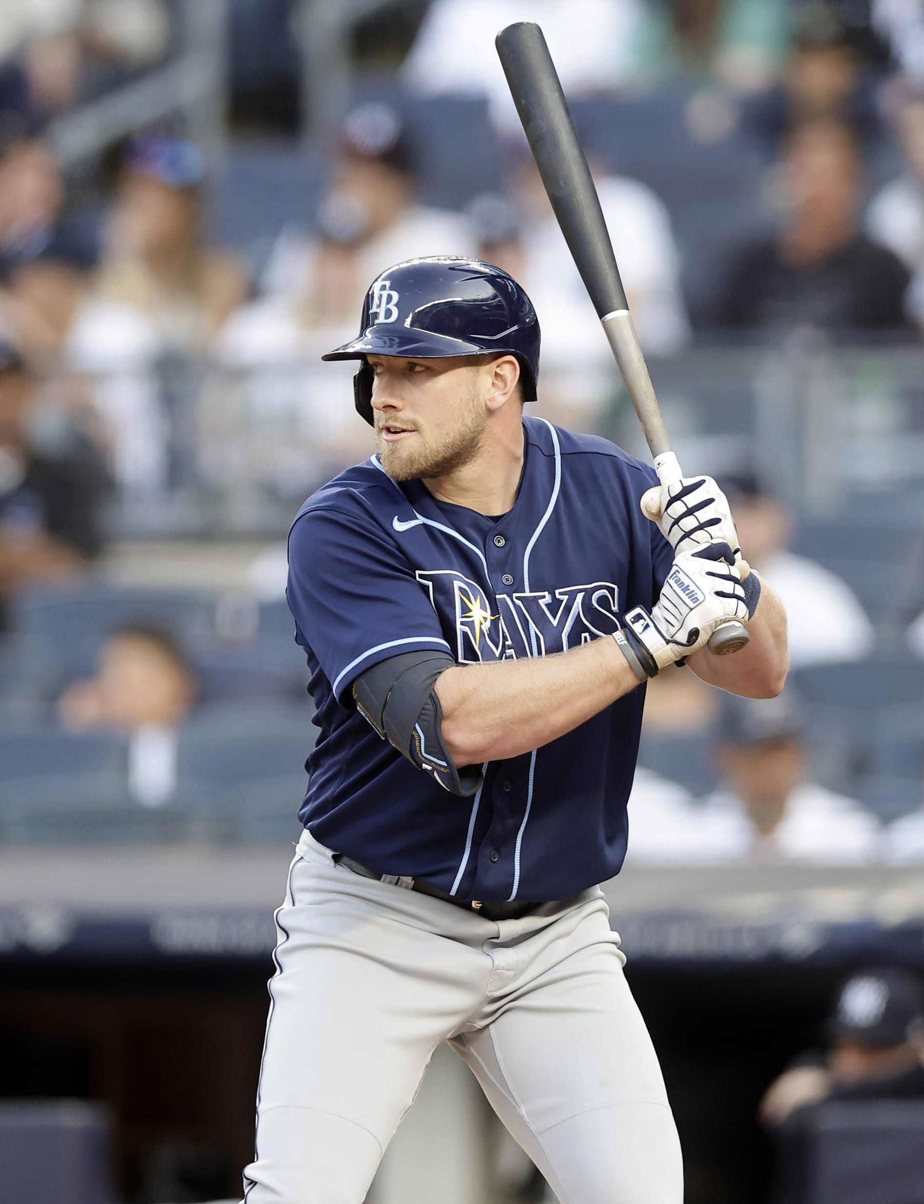 NEW YORK, NEW YORK - JULY 31:  Luke Raley #55 of the Tampa Bay Rays in action against the New York Yankees at Yankee Stadium on July 31, 2023 in Bronx borough of New York City. The Rays defeated the Yankees 5-1. (Photo by Jim McIsaac/Getty Images)