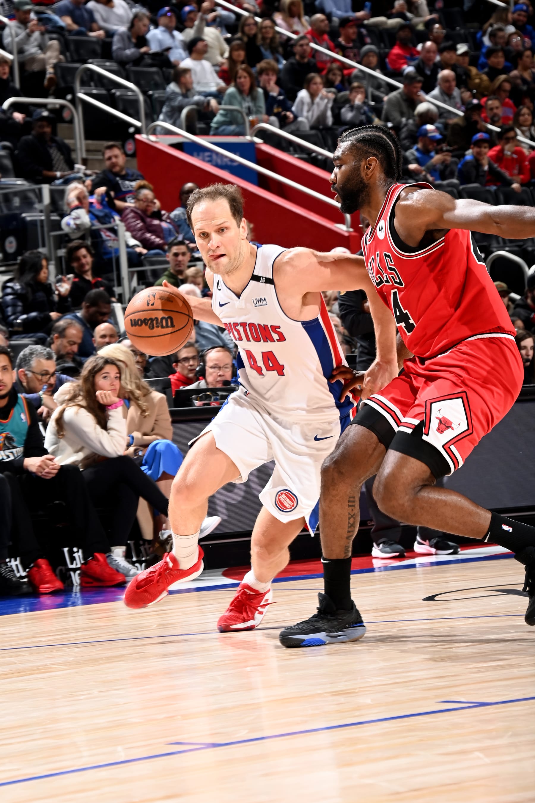 DETROIT, MI - MARCH 1: Bojan Bogdanovic #44 of the Detroit Pistons drives to the basket against the Chicago Bulls on March 1, 2023 at Little Caesars Arena in Detroit, Michigan. NOTE TO USER: User expressly acknowledges and agrees that, by downloading and/or using this photograph, User is consenting to the terms and conditions of the Getty Images License Agreement. Mandatory Copyright Notice: Copyright 2023 NBAE (Photo by Chris Schwegler/NBAE via Getty Images)
