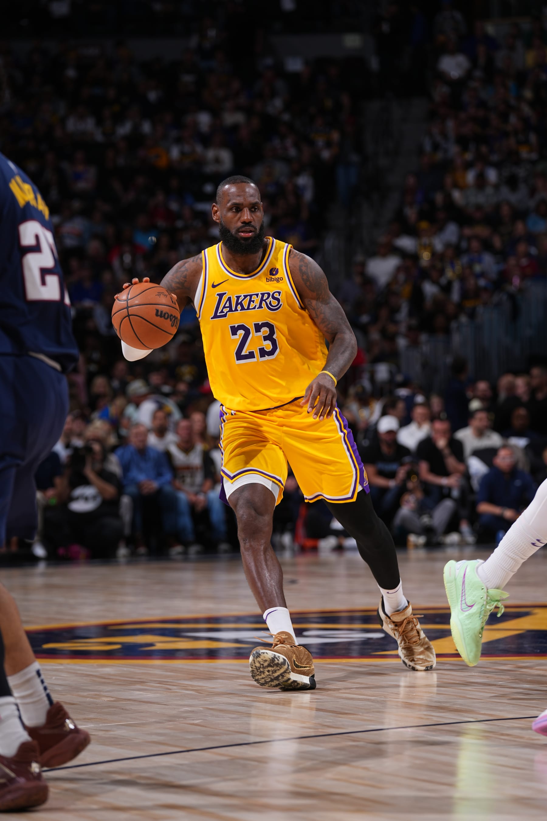 DENVER, CO - APRIL 29: LeBron James #23 of the Los Angeles Lakers handles the ball during the game against the Denver Nuggets during Round One Game Five of the 2024 NBA Playoffs on April 29, 2024 at the Ball Arena in Denver, Colorado. NOTE TO USER: User expressly acknowledges and agrees that, by downloading and/or using this Photograph, user is consenting to the terms and conditions of the Getty Images License Agreement. Mandatory Copyright Notice: Copyright 2024 NBAE (Photo by Bart Young/NBAE via Getty Images)
