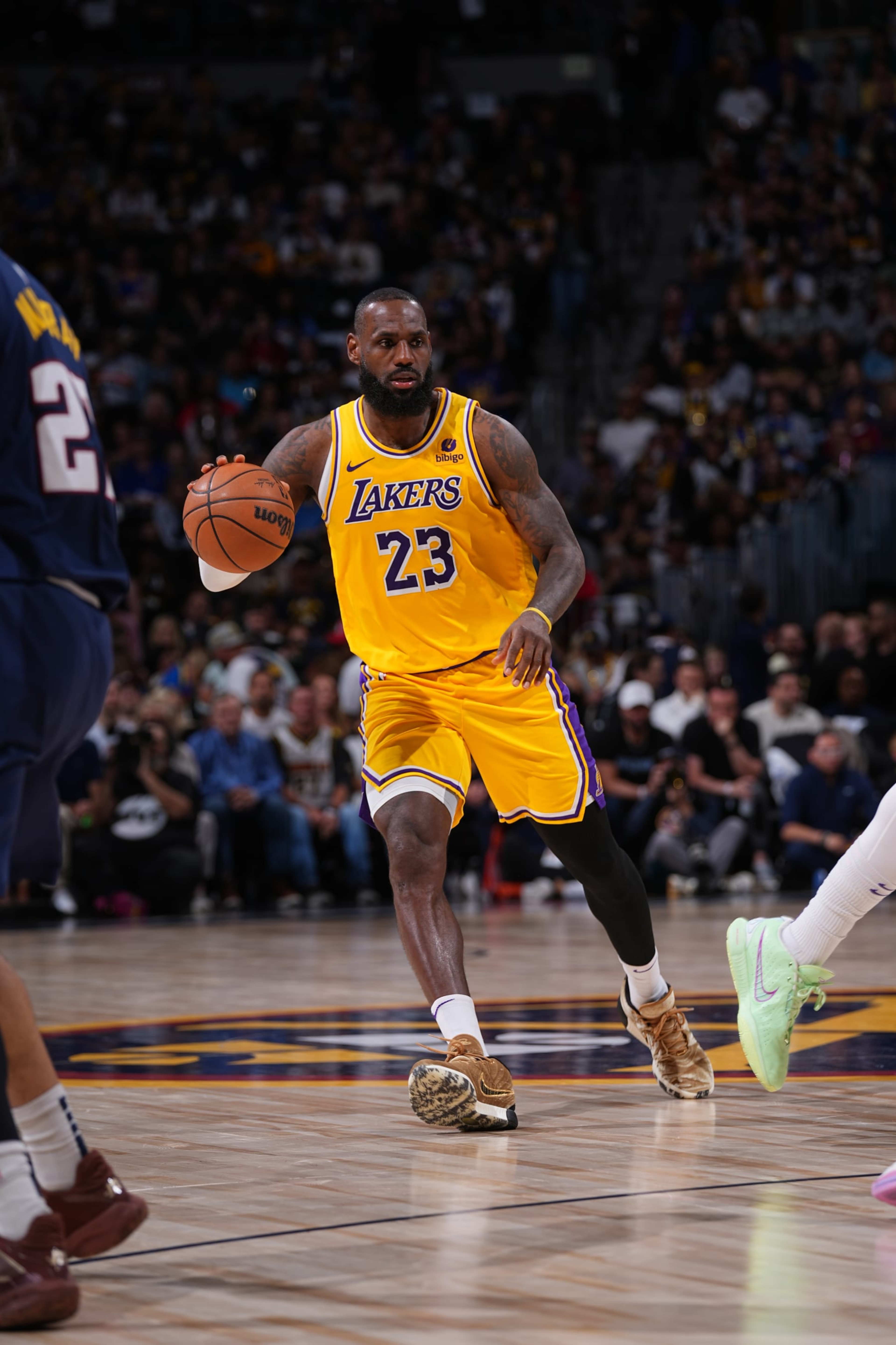 DENVER, CO - APRIL 29: LeBron James #23 of the Los Angeles Lakers handles the ball during the game against the Denver Nuggets during Round One Game Five of the 2024 NBA Playoffs on April 29, 2024 at the Ball Arena in Denver, Colorado. NOTE TO USER: User expressly acknowledges and agrees that, by downloading and/or using this Photograph, user is consenting to the terms and conditions of the Getty Images License Agreement. Mandatory Copyright Notice: Copyright 2024 NBAE (Photo by Bart Young/NBAE via Getty Images)