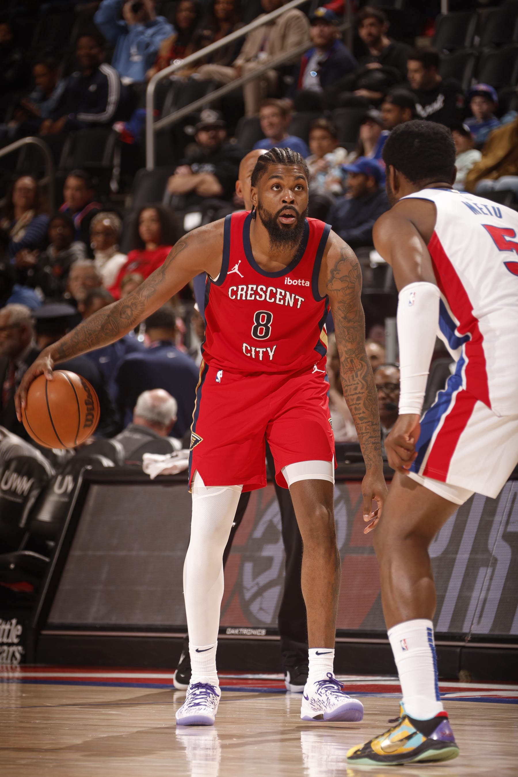 DETROIT, MI - MARCH 24: Naji Marshall #8 of the New Orleans Pelicans looks on during the game against the Detroit Pistons on March 24, 2024 at Little Caesars Arena in Detroit, Michigan. NOTE TO USER: User expressly acknowledges and agrees that, by downloading and/or using this photograph, User is consenting to the terms and conditions of the Getty Images License Agreement. Mandatory Copyright Notice: Copyright 2024 NBAE (Photo by Brian Sevald/NBAE via Getty Images)