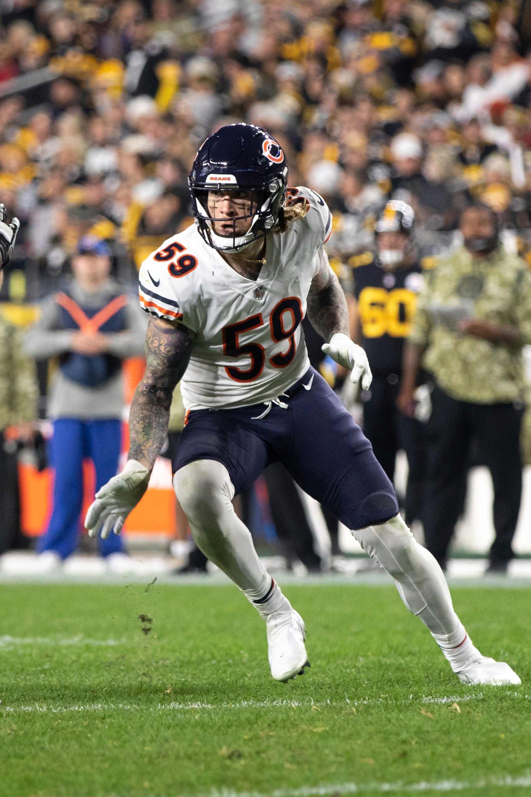Chicago Bears linebacker Cassius Marsh defends during (59) an NFL football game, Monday, November 8, 2021 in Pittsburgh. (AP Photo/Matt Durisko)