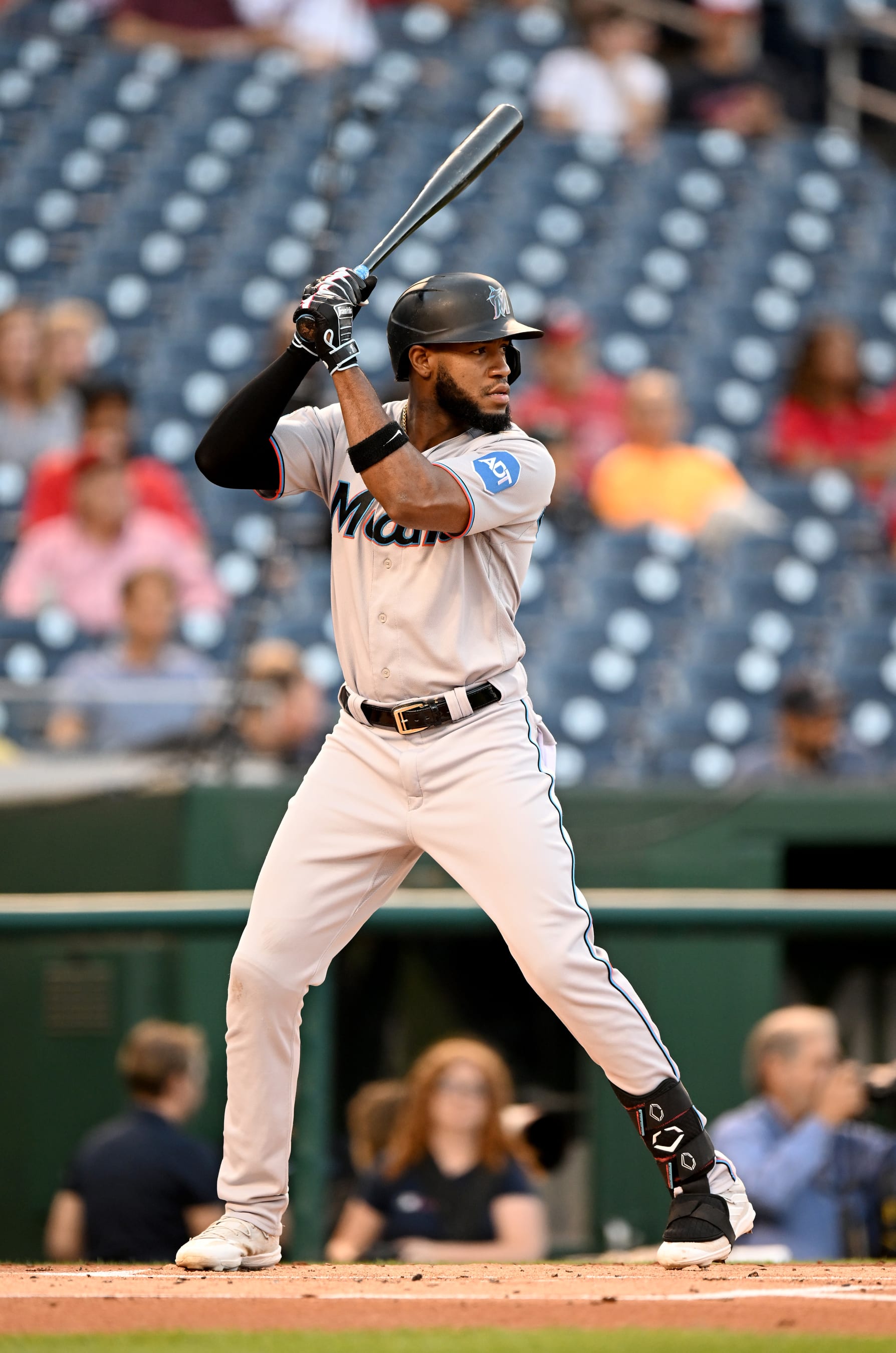 WASHINGTON, DC - AUGUST 31: Bryan De La Cruz #14 of the Miami Marlins bats against the Washington Nationals at Nationals Park on August 31, 2023 in Washington, DC. (Photo by G Fiume/Getty Images)