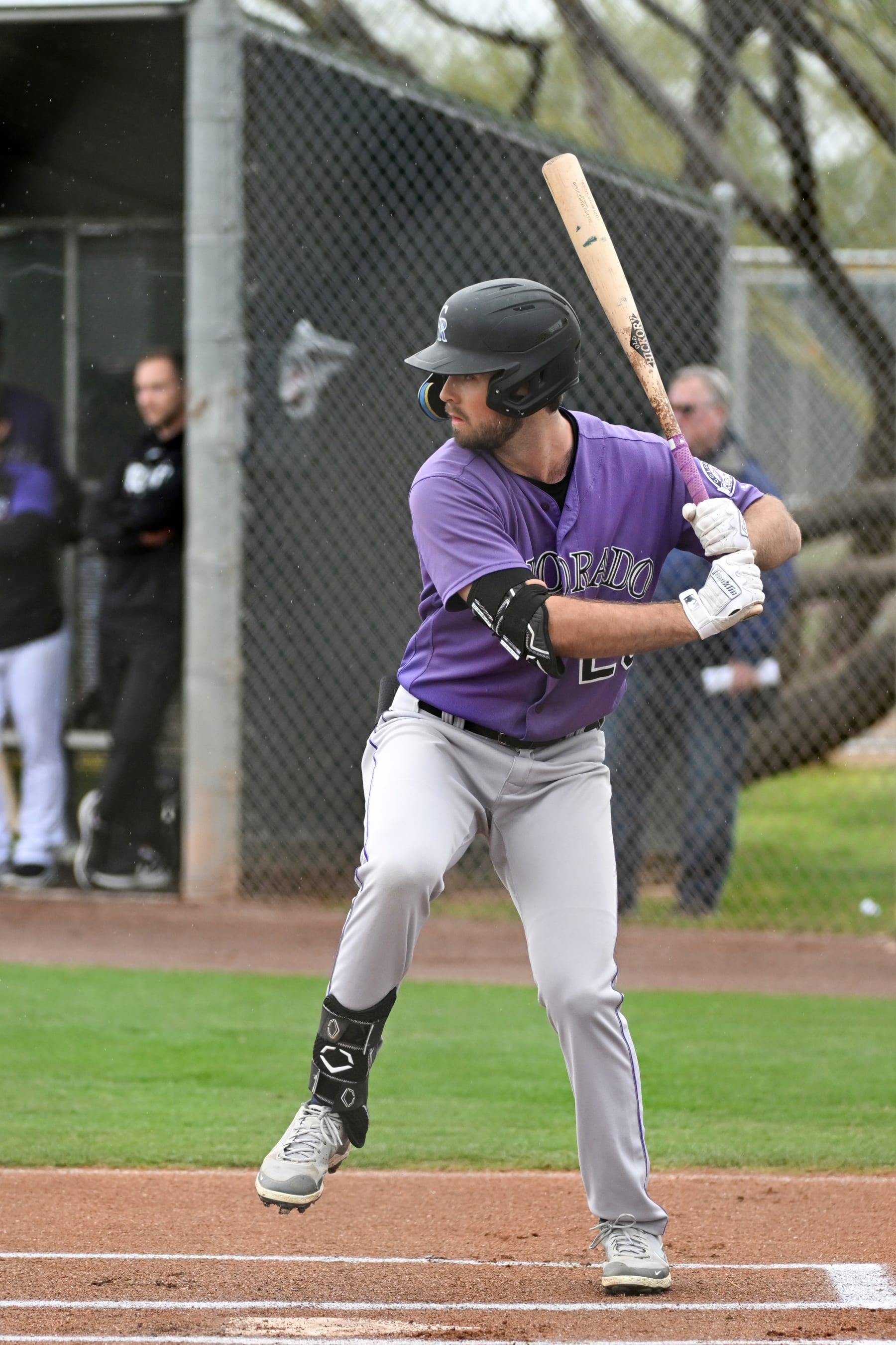SCOTTSDALE, ARIZONA - MARCH 21, 2023: Sterlin Thompson #25 of the Colorado Rockies bats during a minor league spring training game against the Arizona Diamondbacks at Salt River Fields on March 21, 2023 in Goodyear, Arizona. (Photo by David Durochik/Diamond Images via Getty Images)