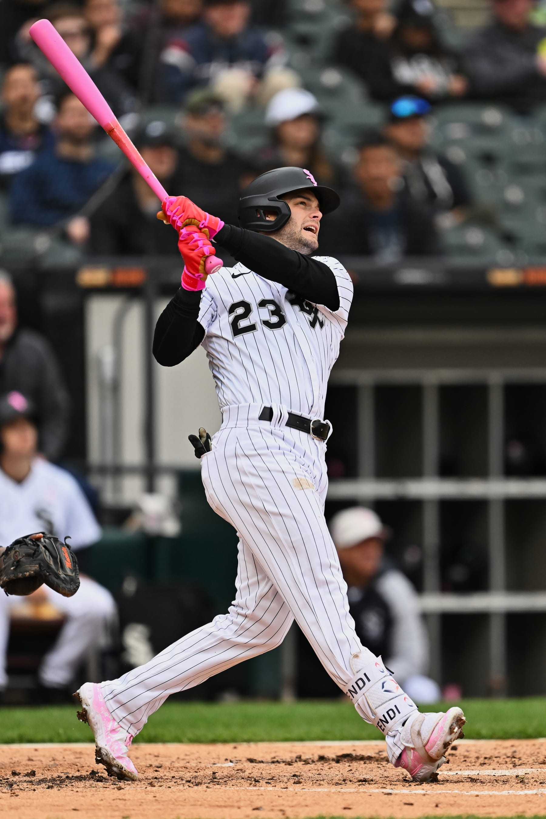 CHICAGO, IL - MAY 14:  Andrew Benintendi #23 of the Chicago White Sox bats against the Houston Astros at Guaranteed Rate Field on May 14, 2023 in Chicago, Illinois.  (Photo by Jamie Sabau/Getty Images)