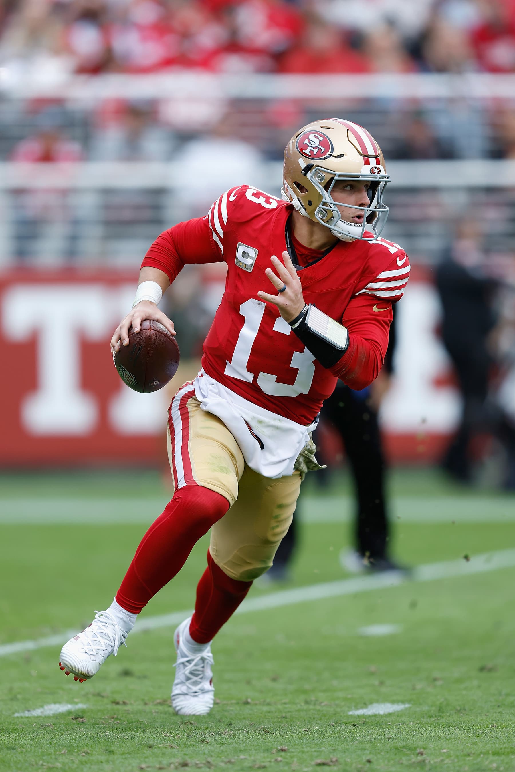 SANTA CLARA, CALIFORNIA - NOVEMBER 17: Brock Purdy #13 of the San Francisco 49ers looks to pass the ball in the second quarter against the Seattle Seahawks at Levi's Stadium on November 17, 2024 in Santa Clara, California. (Photo by Lachlan Cunningham/Getty Images)