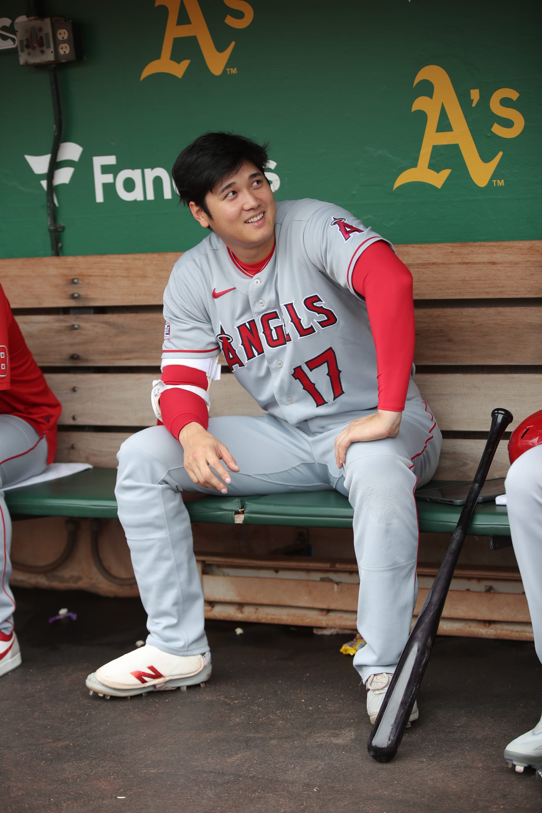 OAKLAND, CA - SEPTEMBER 2: Shohei Ohtani #17 of the Los Angeles Angels in the dugout before the game against the Oakland Athletics at RingCentral Coliseum on September 2, 2023 in Oakland, California. The Athletics defeated the Angels 2-1. (Photo by Michael Zagaris/Oakland Athletics/Getty Images)