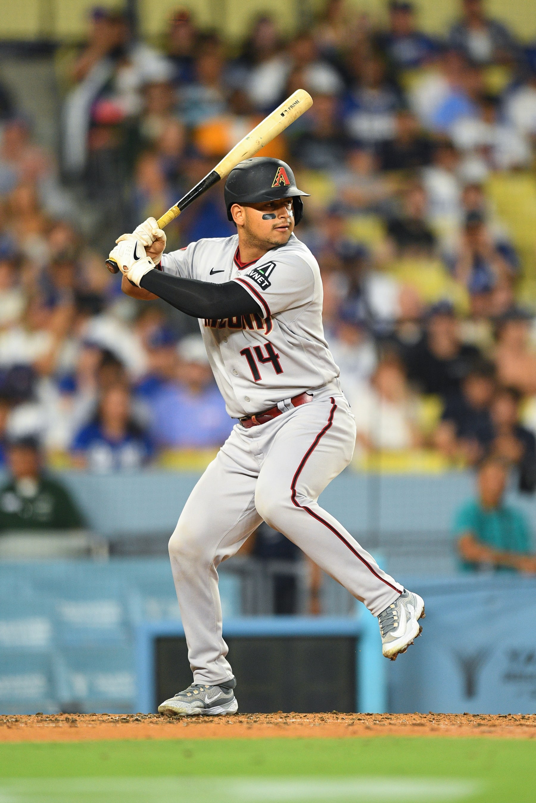 LOS ANGELES, CA - AUGUST 29: Arizona Diamondbacks catcher Gabriel Moreno (14) at bat during the MLB game between the Arizona Diamondbacks and the Los Angeles Dodgers on August 29, 2023 at Dodger Stadium in Los Angeles, CA. (Photo by Brian Rothmuller/Icon Sportswire via Getty Images)